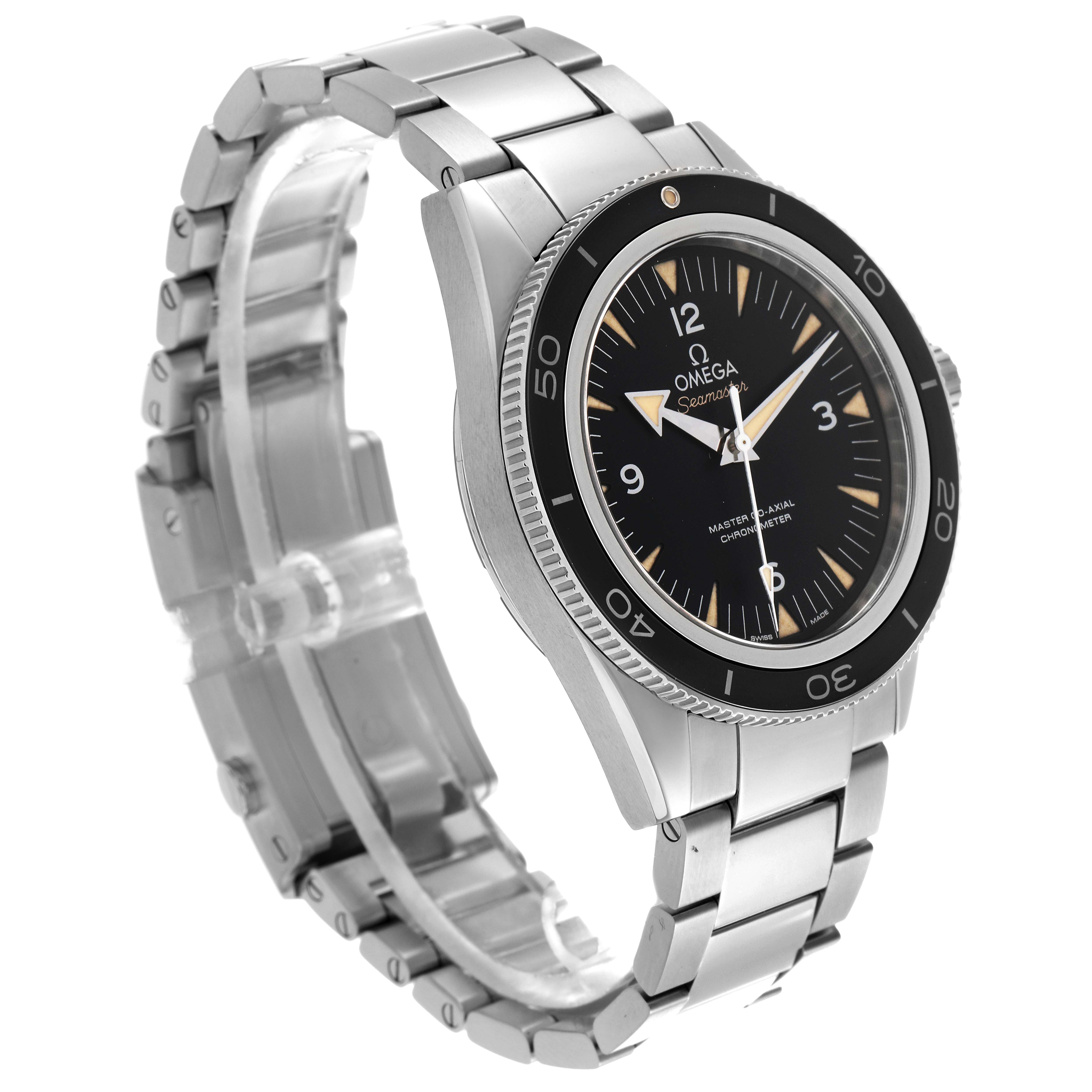 The Omega Seamaster Men
s Stainless Steel Black Dial Men
s Stainless Steel Black Dial watch is shown at a three-quarter angle, highlighting its bezel, dial, case, and stainless steel bracelet.