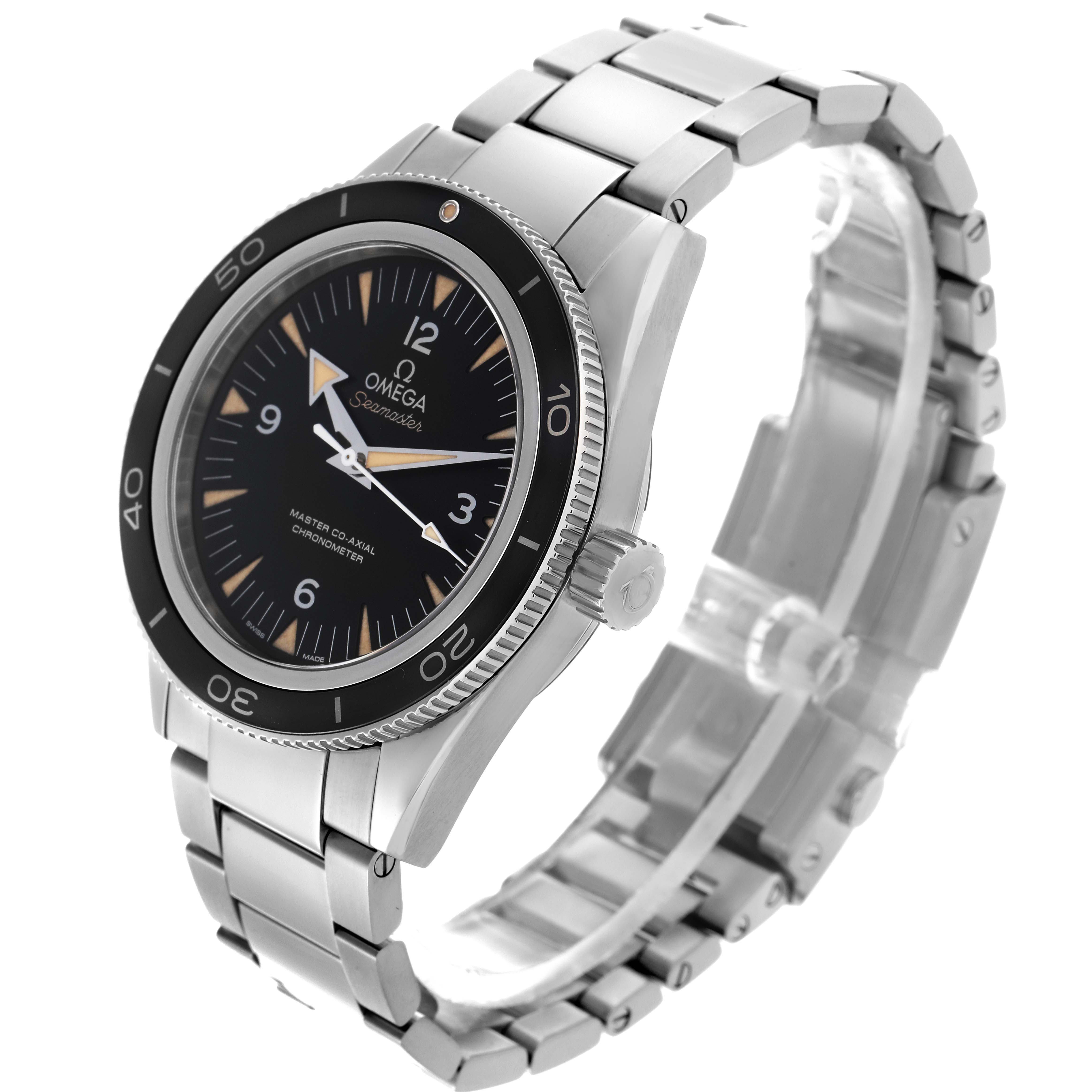 The Omega Seamaster Men
s Stainless Steel Black Dial Men
s Stainless Steel Black Dial watch is shown at a three-quarter angle, highlighting the face, bezel, crown, and bracelet.