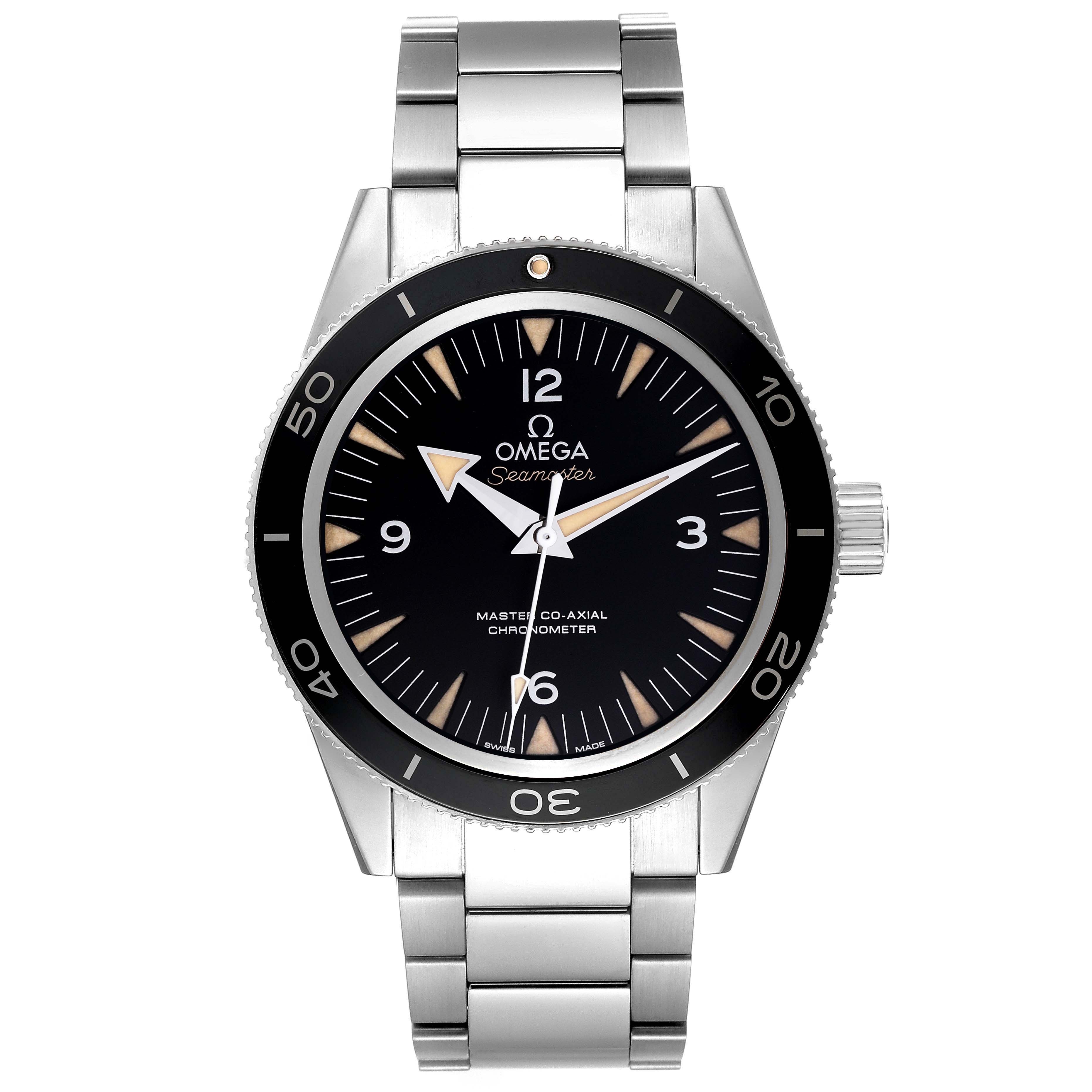 The Omega Seamaster Men
s Stainless Steel Black Dial Men
s Stainless Steel Black Dial watch is shown from the front, displaying the dial, bezel, crown, and stainless steel bracelet.