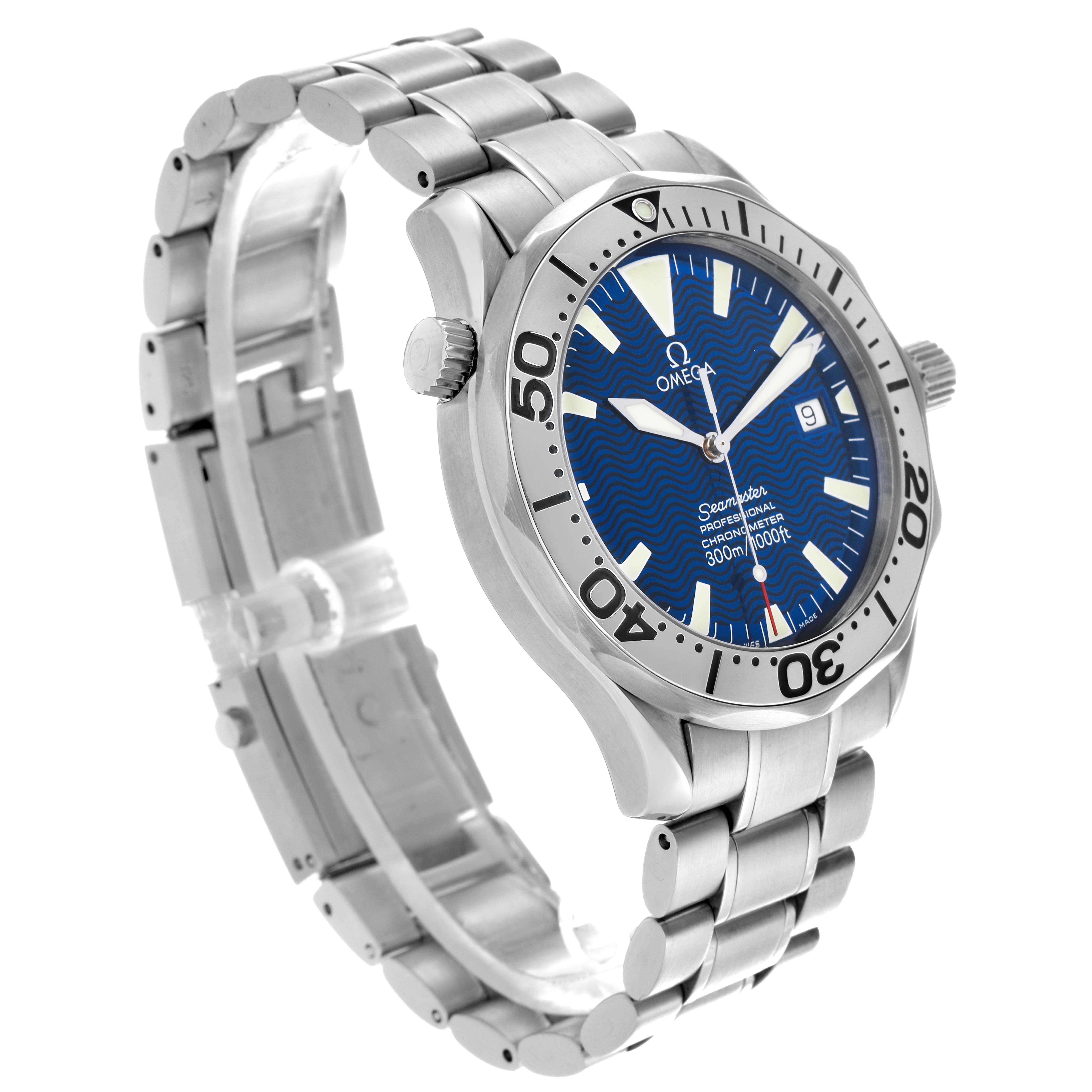 The Omega Seamaster 2255.80.00 Men
s Stainless Steel Blue Dial 2255.80.00 Men
s Stainless Steel Blue Dial watch is shown at a three-quarter angle, highlighting the blue dial, bezel, and metal bracelet.