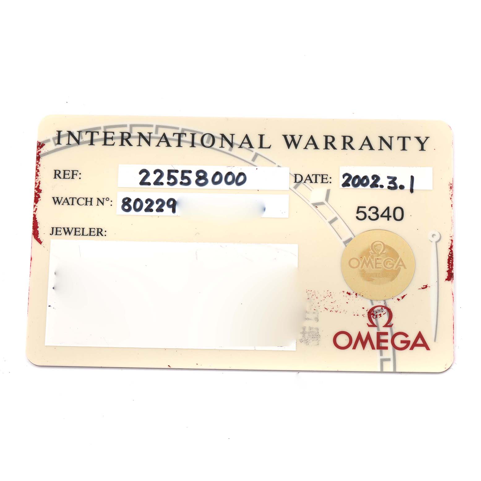 The image shows an Omega Seamaster 2255.80.00 Men
s Stainless Steel Blue Dial 2255.80.00 Men
s Stainless Steel Blue Dial international warranty card with reference and watch numbers visible.