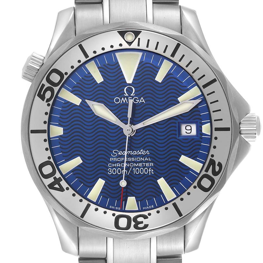 The Omega Seamaster watch is shown from a front angle, highlighting its dial, bezel, and part of the bracelet.