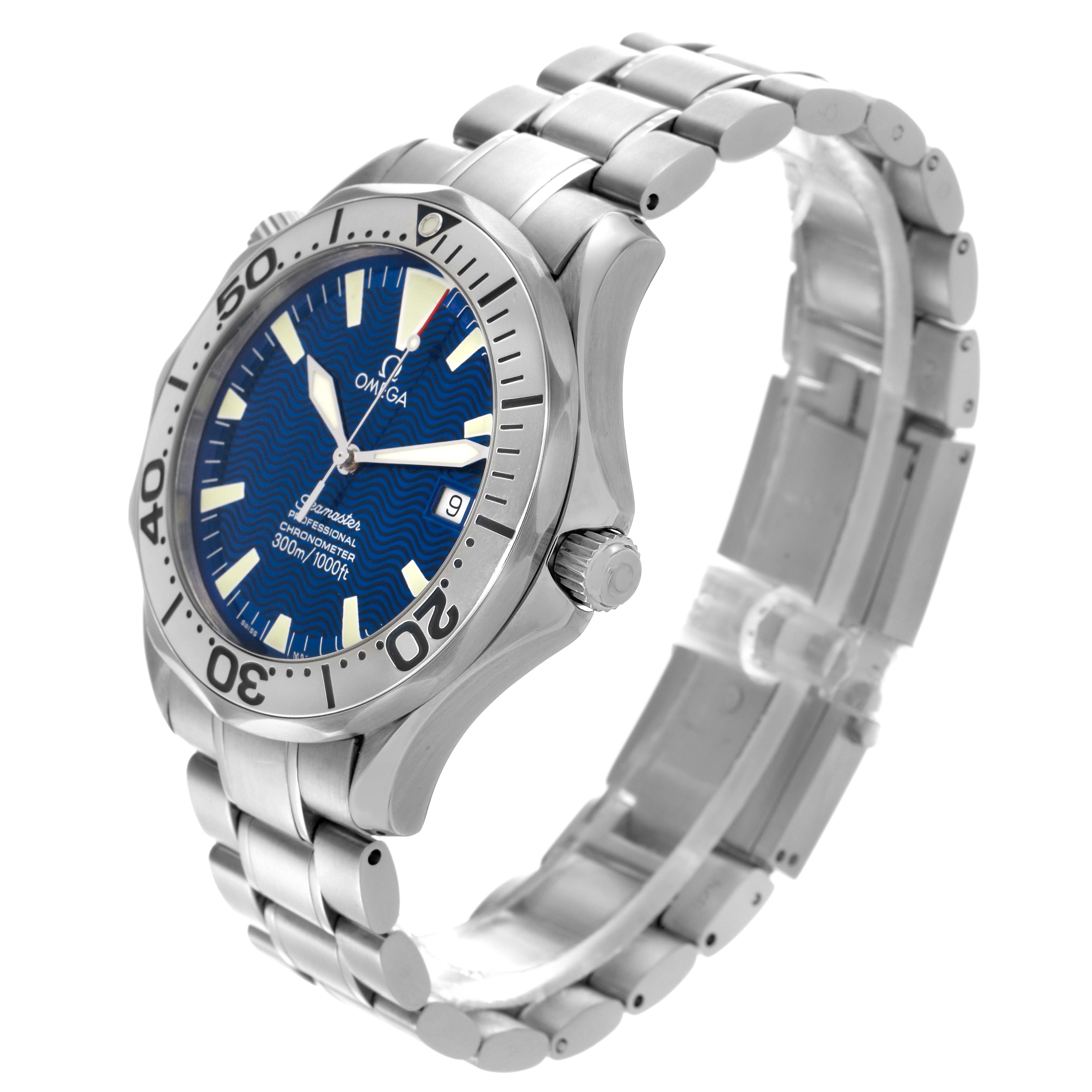 The Omega Seamaster 2255.80.00 Men
s Stainless Steel Blue Dial 2255.80.00 Men
s Stainless Steel Blue Dial watch is shown in a side angle, displaying the face, bezel, and stainless steel bracelet.