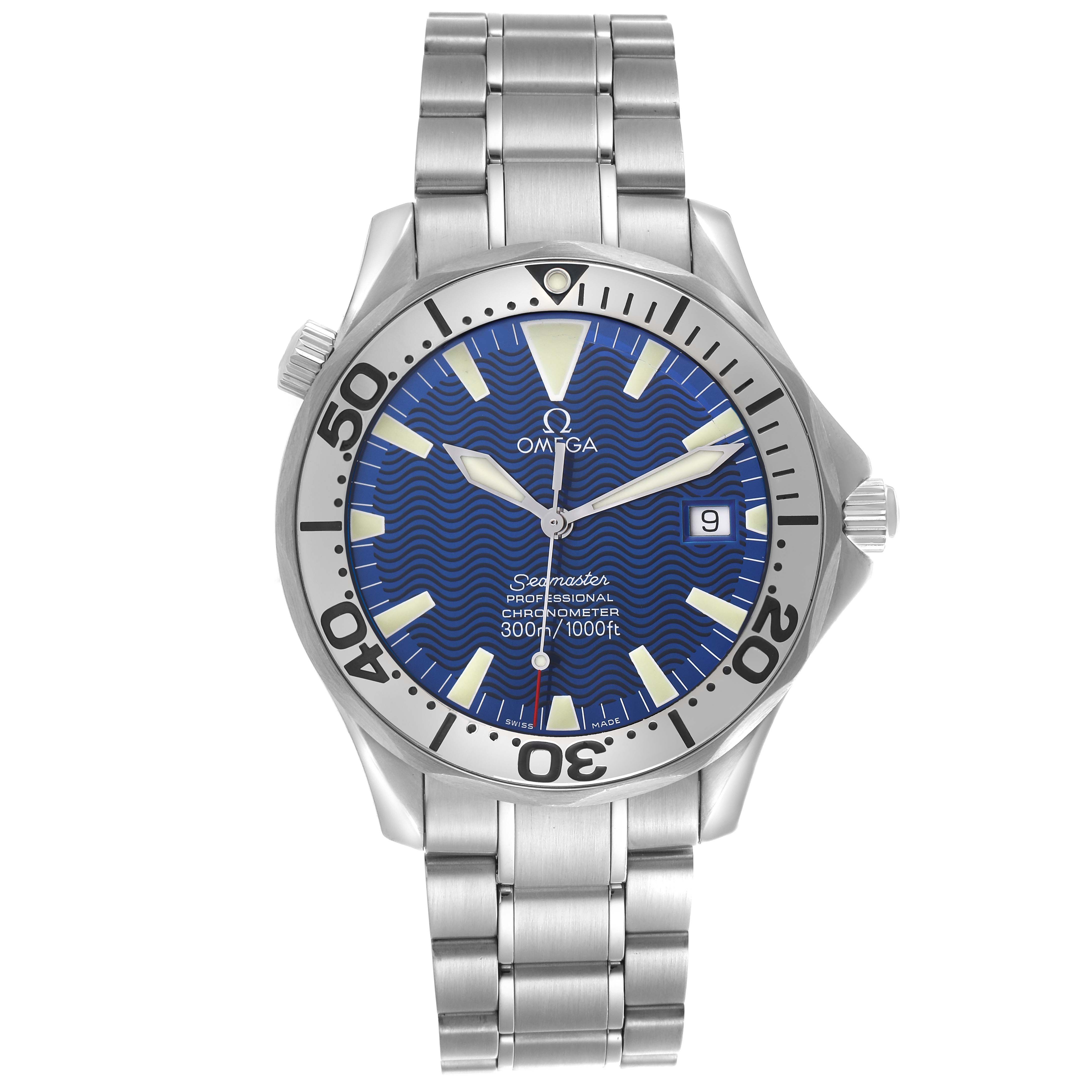 The Omega Seamaster 2255.80.00 Men
s Stainless Steel Blue Dial 2255.80.00 Men
s Stainless Steel Blue Dial watch is shown from the front, displaying the dial, bezel, crown, and bracelet.