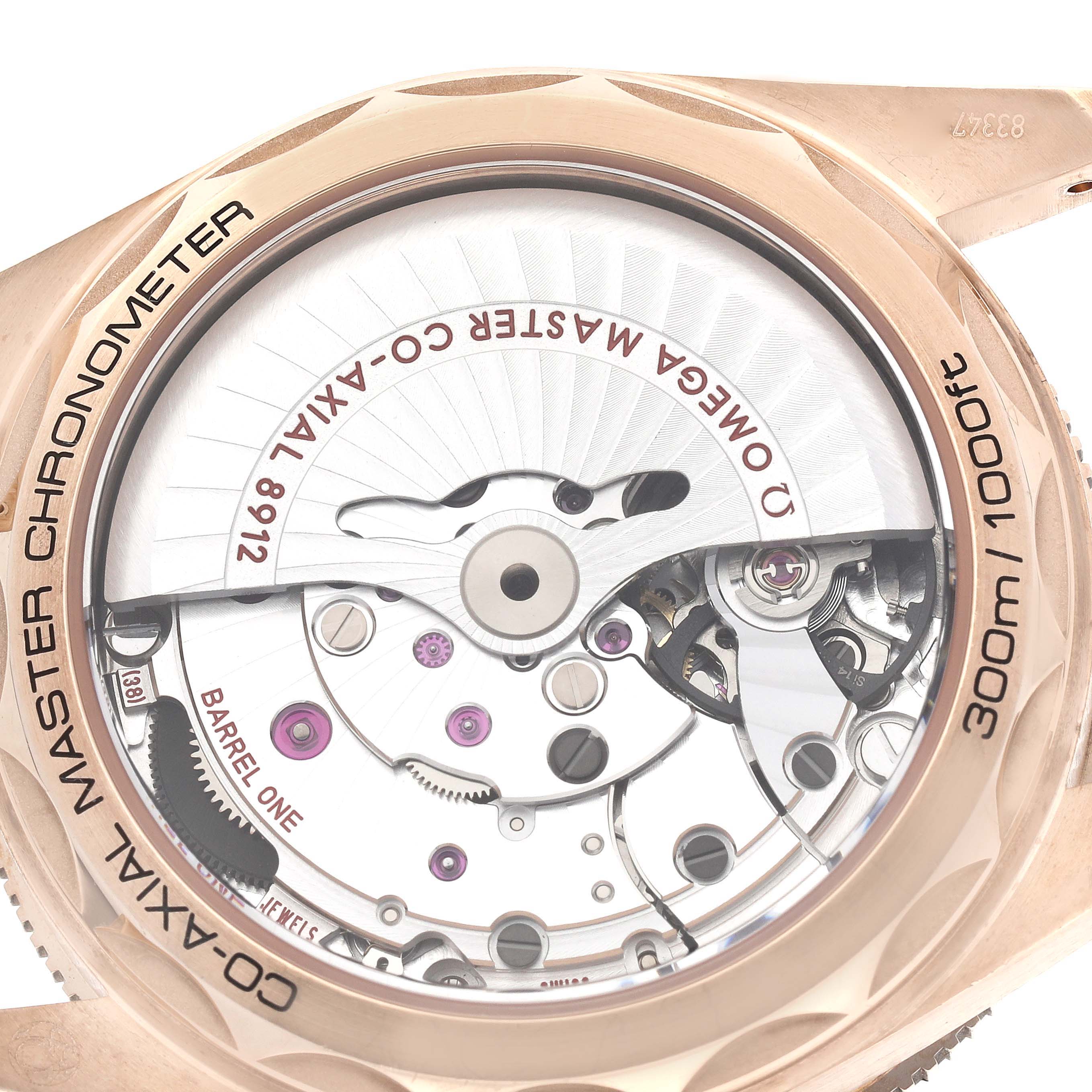 This image shows the back view of the Omega Seamaster 234.92.41.21.10.001 Men's Bronze Brown Dial 234.92.41.21.10.001 Men's Bronze Brown Dial, highlighting its intricate movement and transparent case back.