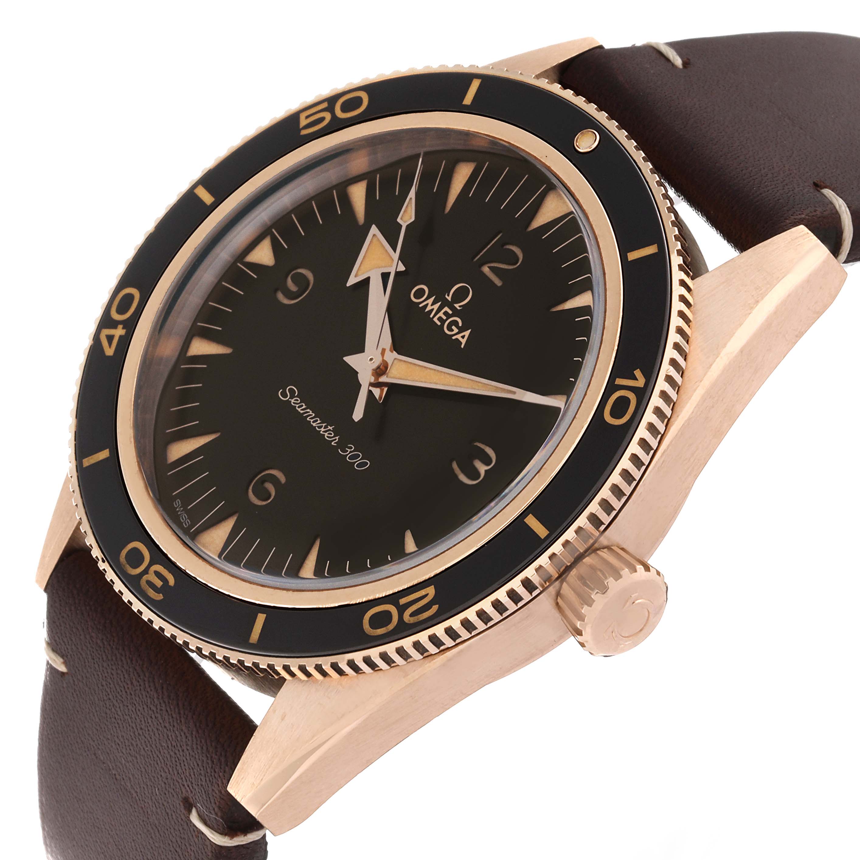 The Omega Seamaster 234.92.41.21.10.001 Men's Bronze Brown Dial 234.92.41.21.10.001 Men's Bronze Brown Dial 300 watch is shown at an angled front view, highlighting the dial, bezel, and crown.