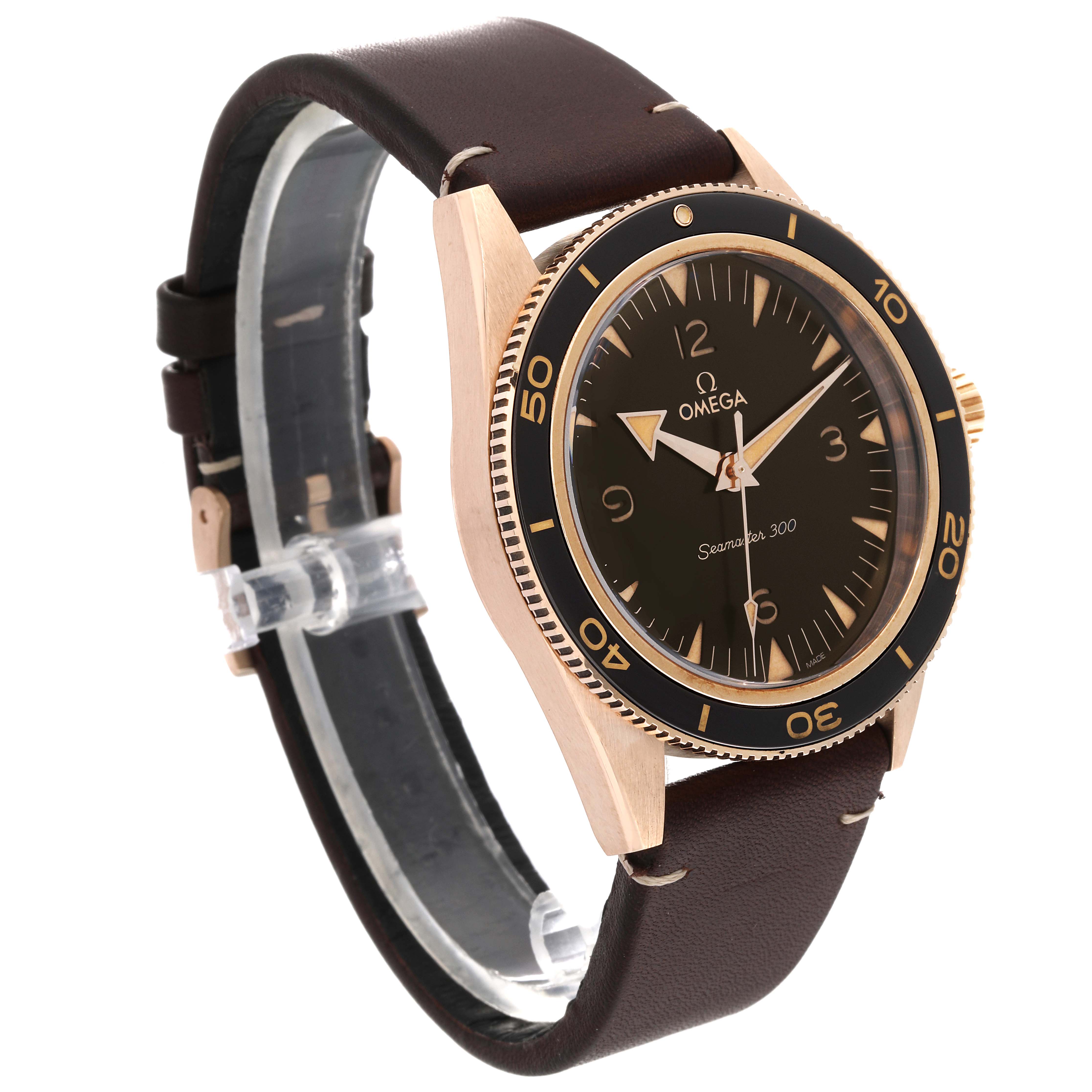 The Omega Seamaster 234.92.41.21.10.001 Men's Bronze Brown Dial 234.92.41.21.10.001 Men's Bronze Brown Dial watch is shown at a three-quarter angle highlighting its face, bezel, and leather strap.