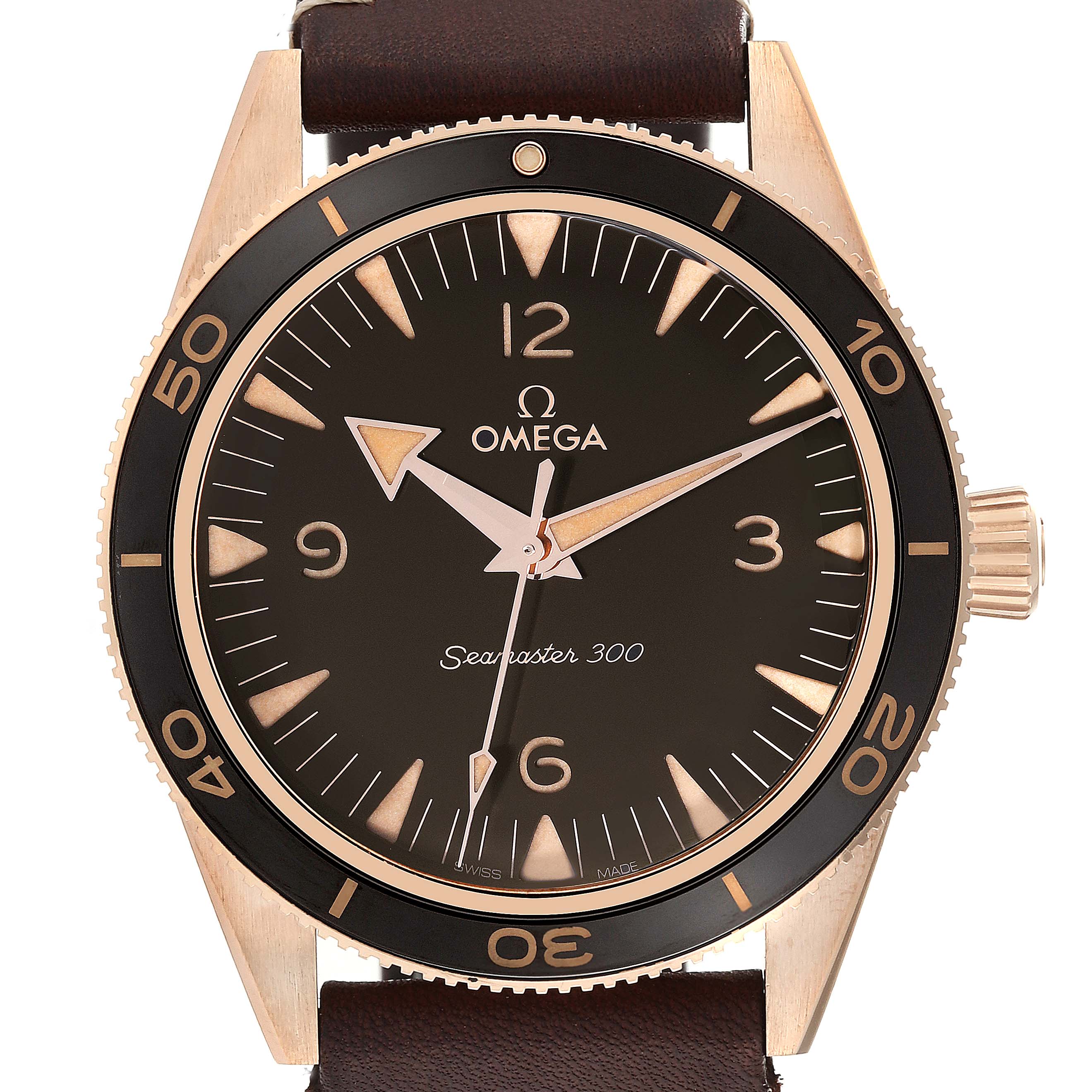 The image shows a front view of the Omega Seamaster 234.92.41.21.10.001 Men's Bronze Brown Dial 234.92.41.21.10.001 Men's Bronze Brown Dial 300, highlighting the dial, bezel, and crown.
