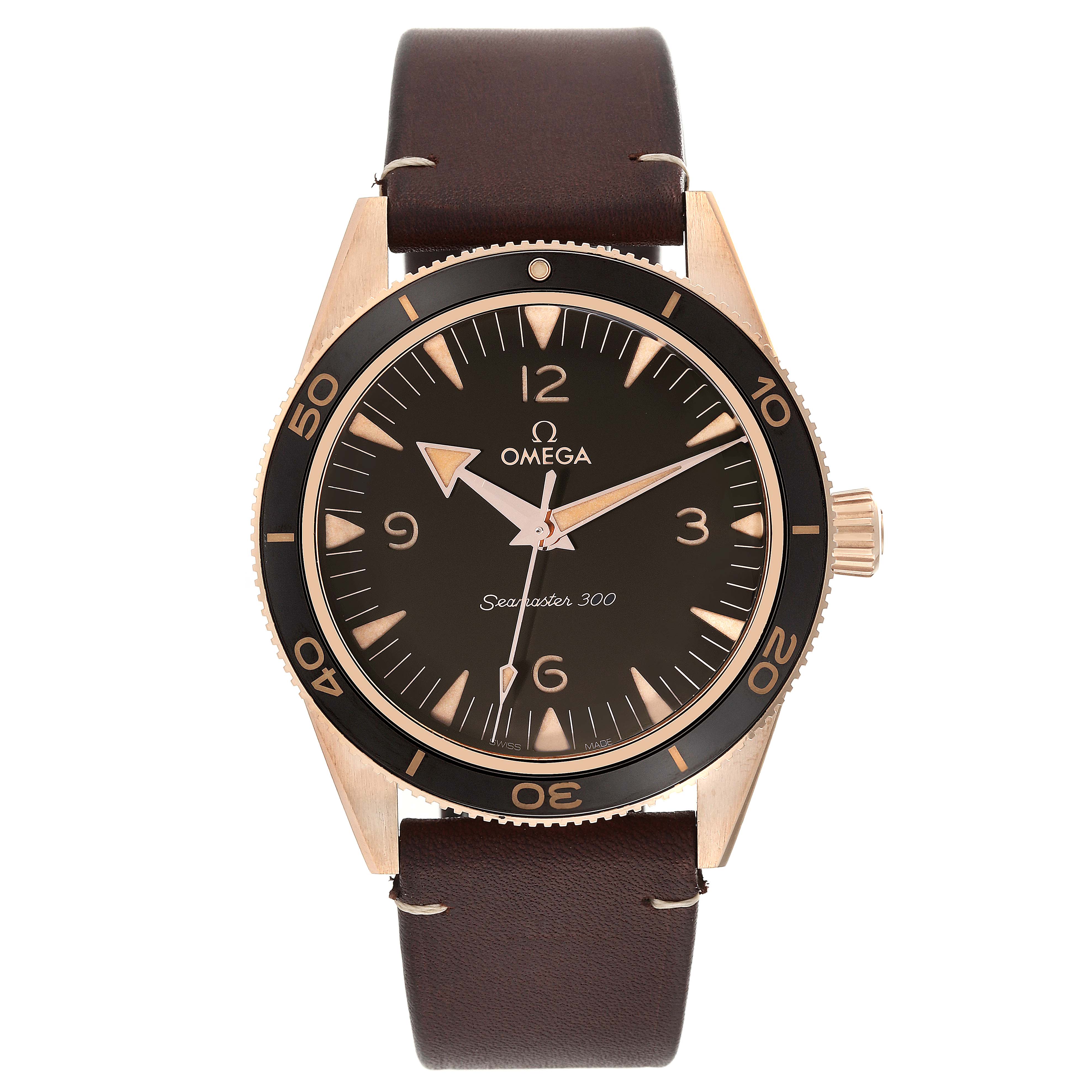The image shows a front view of an Omega Seamaster 234.92.41.21.10.001 Men's Bronze Brown Dial 234.92.41.21.10.001 Men's Bronze Brown Dial 300 watch, featuring its face, bezel, and leather strap.