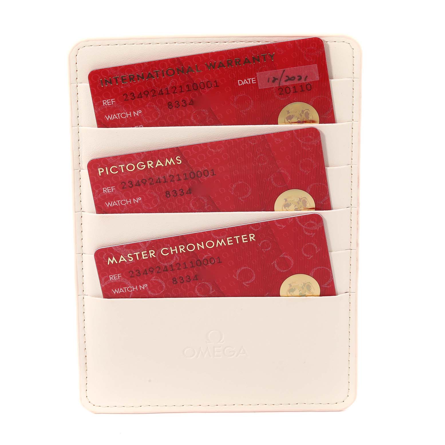 The image shows a vertical display of Omega Seamaster 234.92.41.21.10.001 Men's Bronze Brown Dial 234.92.41.21.10.001 Men's Bronze Brown Dial watch documents, including International Warranty, Pictograms, and Master Chronometer cards.