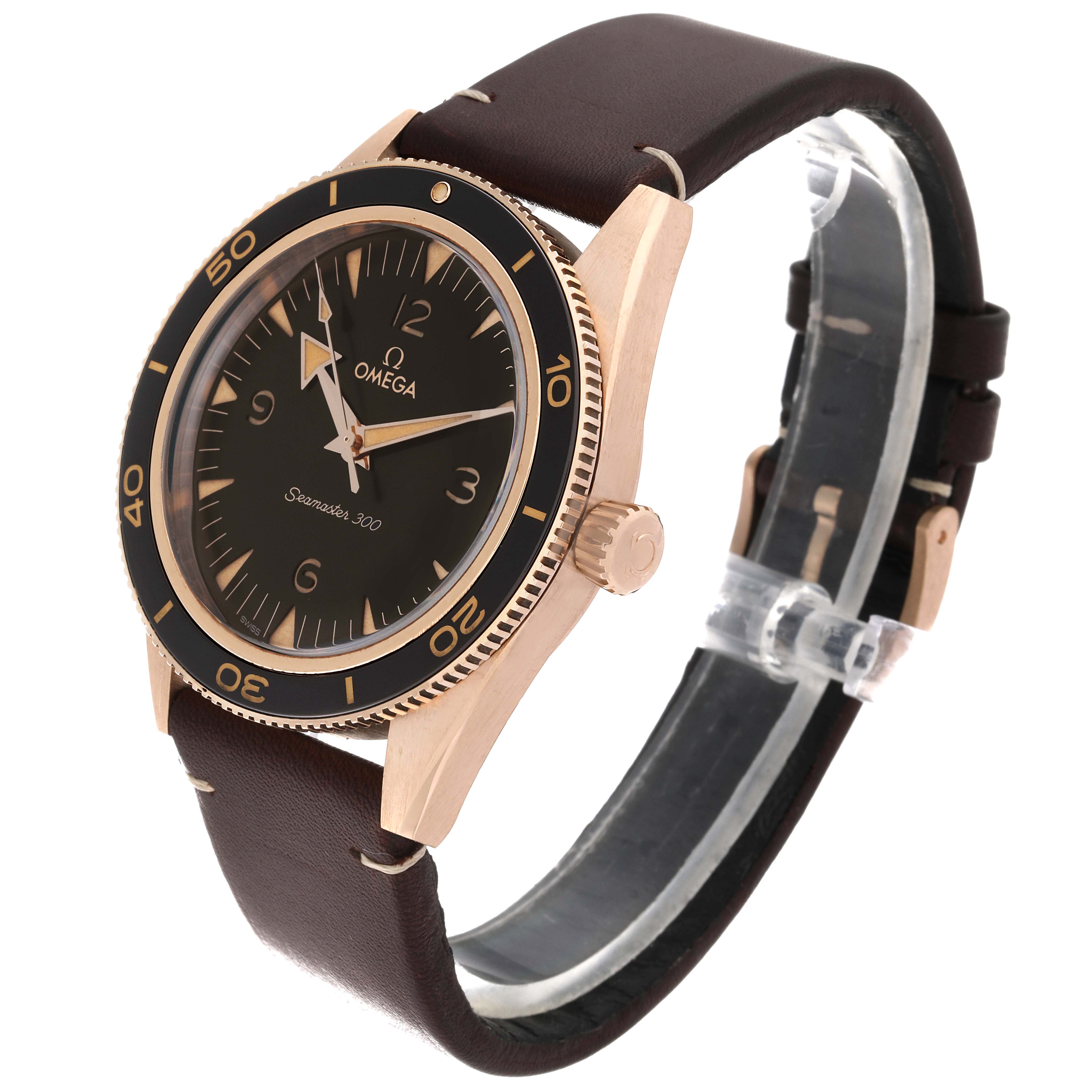 The image shows an Omega Seamaster 234.92.41.21.10.001 Men's Bronze Brown Dial 234.92.41.21.10.001 Men's Bronze Brown Dial 300 watch at a three-quarter angle, highlighting the dial, bezel, case, crown, and leather strap.
