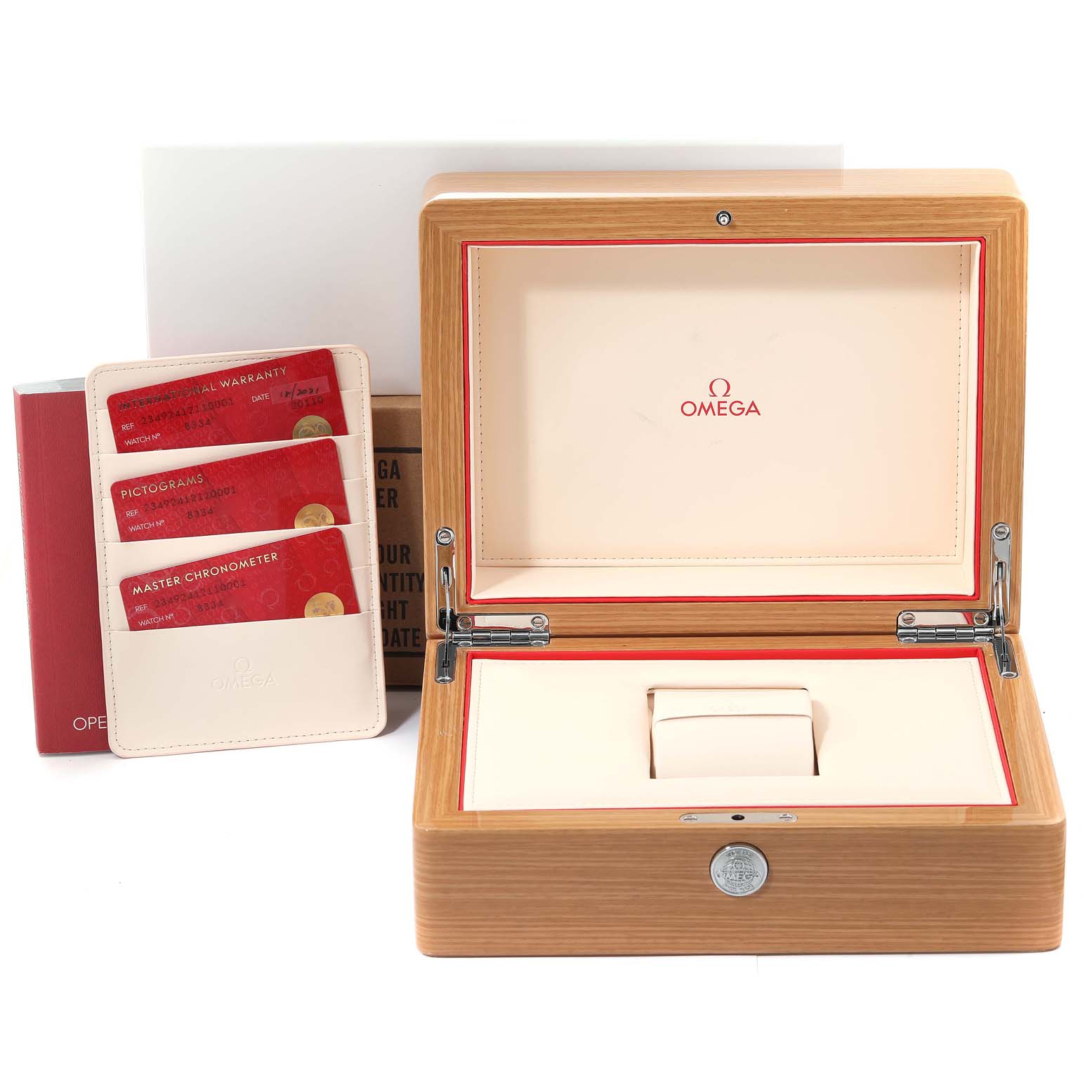 The image shows an Omega Seamaster 234.92.41.21.10.001 Men's Bronze Brown Dial 234.92.41.21.10.001 Men's Bronze Brown Dial watch box, warranty cards, and user manuals.