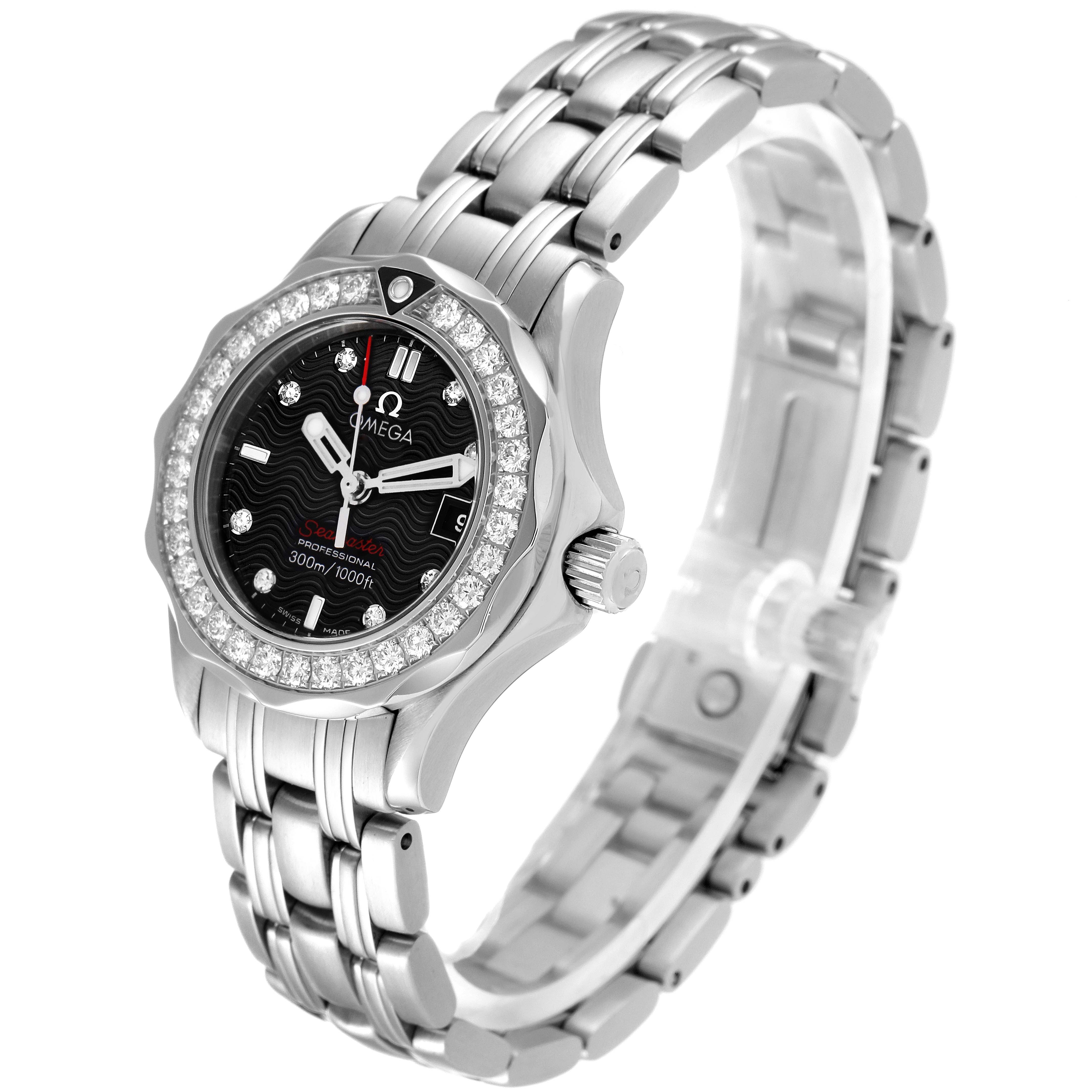 The Omega 212.15.28.61.51.001 Women's Stainless Steel Black Dial 212.15.28.61.51.001 Women's Stainless Steel Black Dial Seamaster 300m Diamond Ladies Watch 212.15.28.61.51.001 is shown at a three-quarter angle, highlighting its face, bezel, and bracelet.