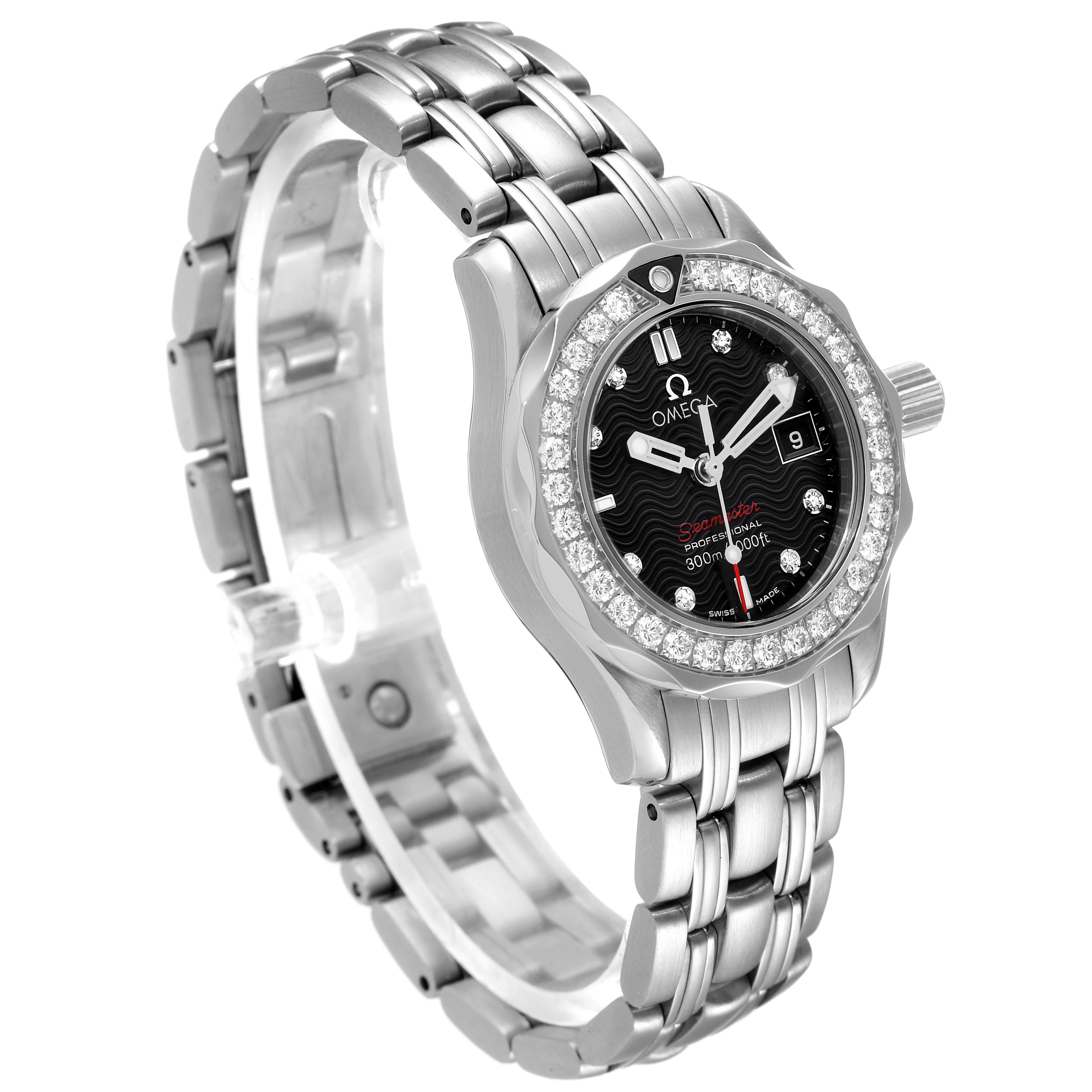 The Omega 212.15.28.61.51.001 Women's Stainless Steel Black Dial 212.15.28.61.51.001 Women's Stainless Steel Black Dial Seamaster 300m Diamond Ladies Watch 212.15.28.61.51.001 is shown at a three-quarter angle, highlighting the face, bezel, and band.