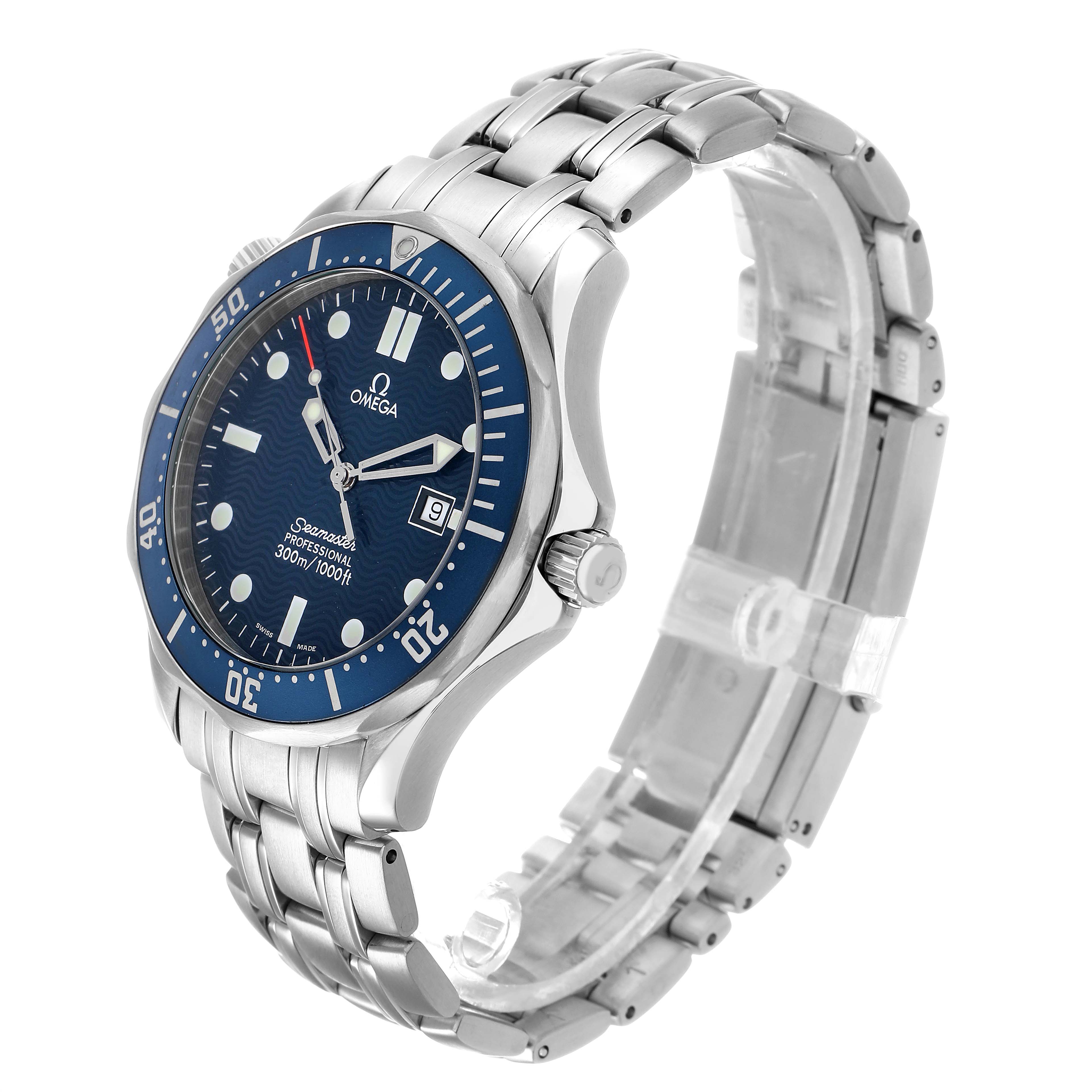 The Omega Seamaster 2541.80.00 Men's Stainless Steel Blue Dial watch is shown at a three-quarter angle, highlighting the blue dial, stainless steel case, bezel, and bracelet.