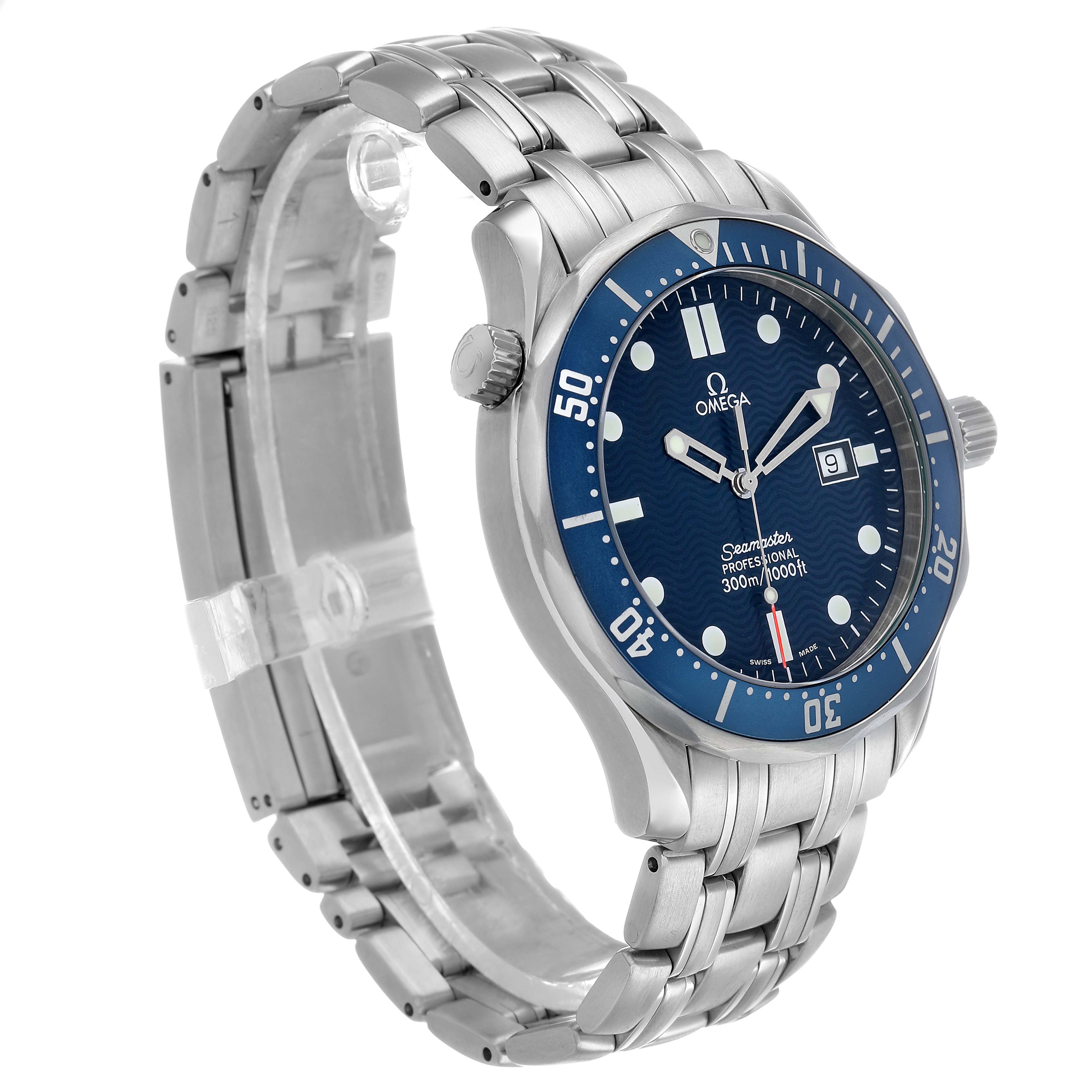 The Omega Seamaster 2541.80.00 Men's Stainless Steel Blue Dial is shown at a slight angle, displaying its blue dial, stainless steel bracelet, and rotating bezel.