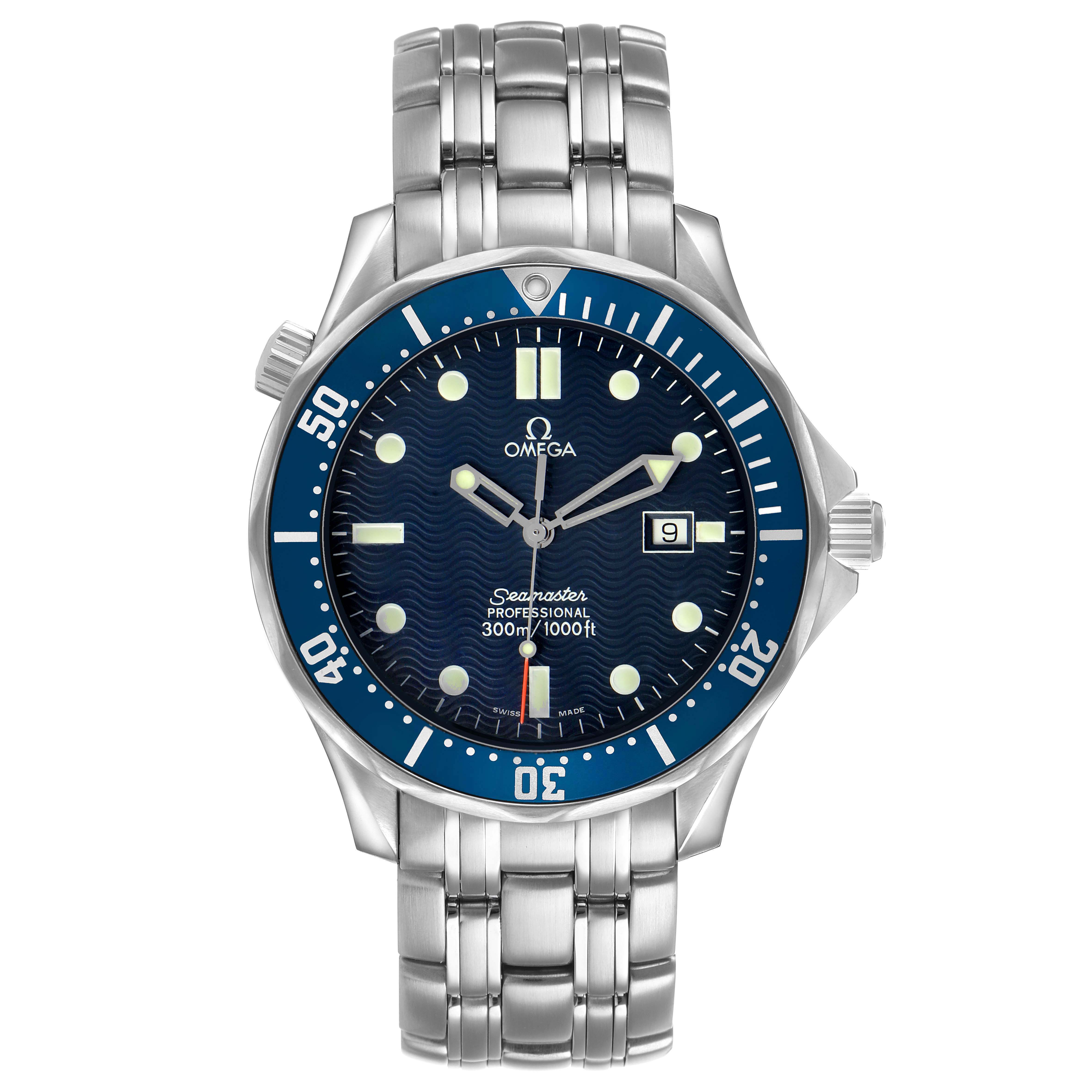 The Omega Seamaster 2541.80.00 Men's Stainless Steel Blue Dial watch is shown from the front, highlighting its blue dial, silver bezel, bracelet, and crown.