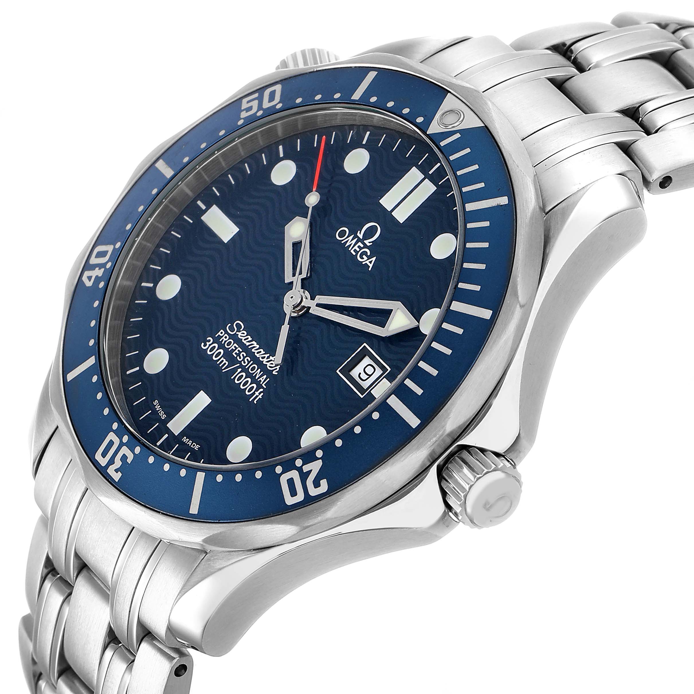 The Omega Seamaster 2541.80.00 Men's Stainless Steel Blue Dial watch is shown at an angled view highlighting the blue dial, stainless steel bracelet, and crown.