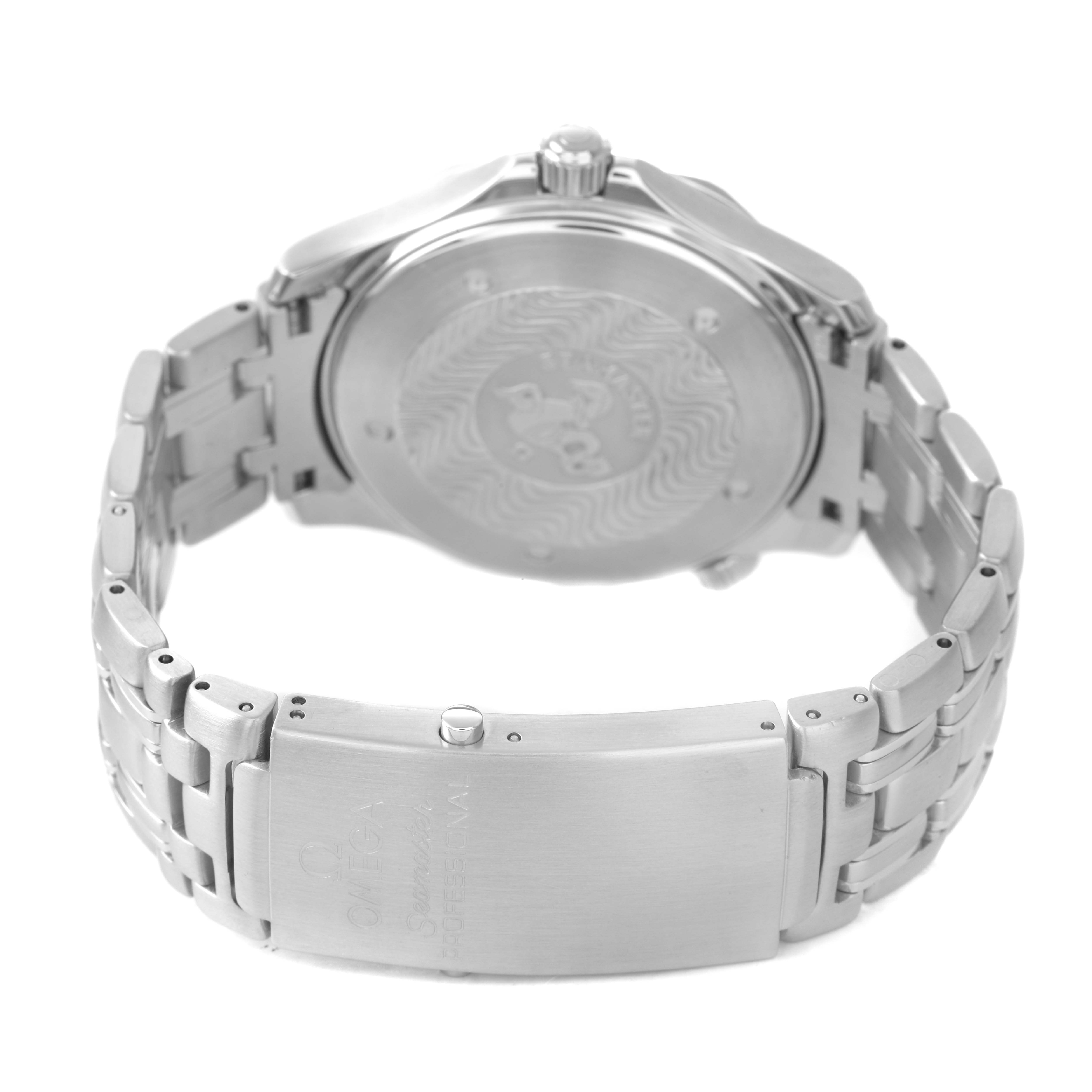 The image shows the back and clasp of an Omega Seamaster 2541.80.00 Men's Stainless Steel Blue Dial watch from a rear angle.