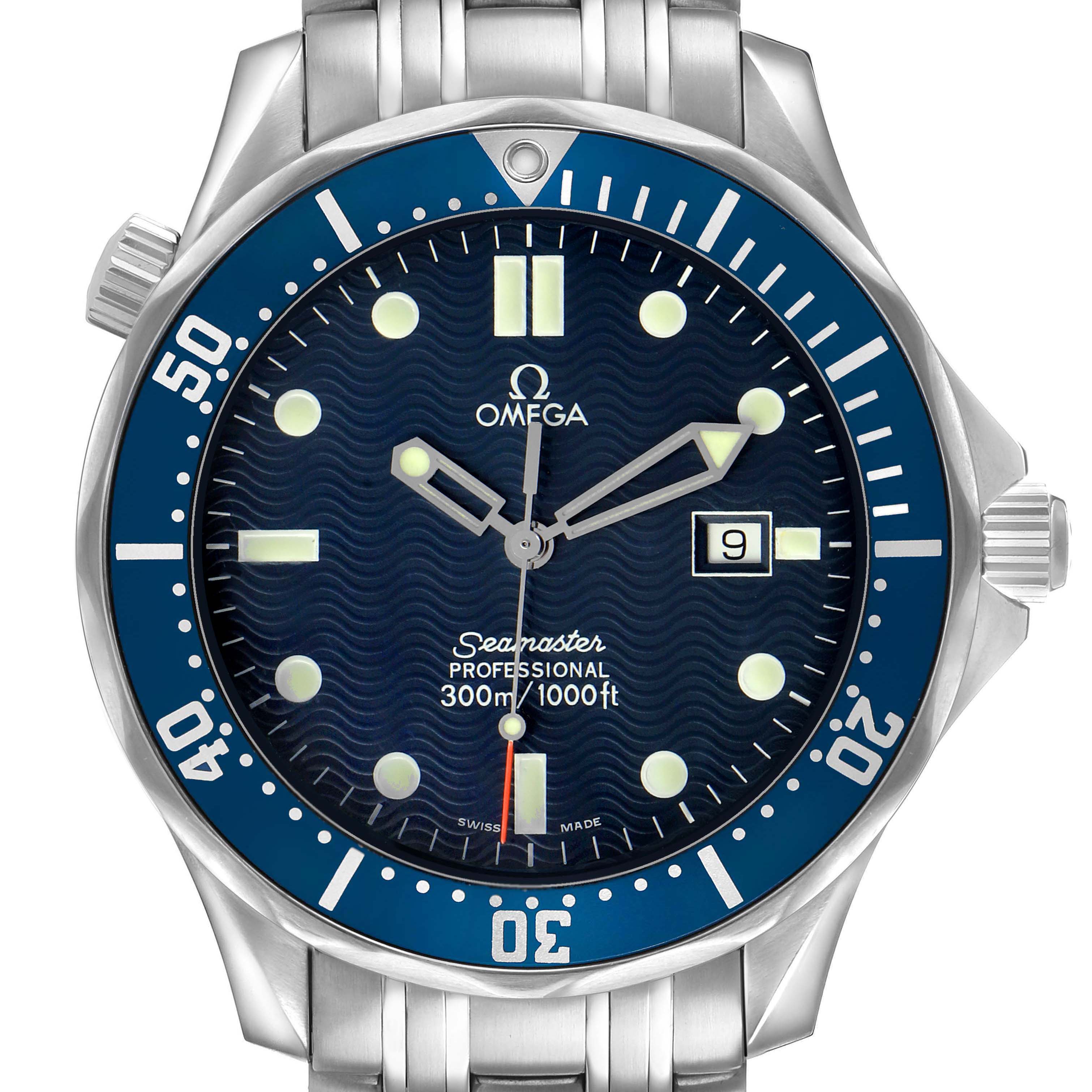 The Omega Seamaster 2541.80.00 Men's Stainless Steel Blue Dial watch is shown from the front, highlighting the dial, bezel, and bracelet with a prominent date display.