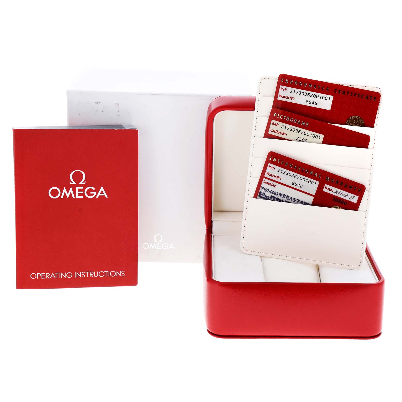 The image shows Omega Seamaster 212.30.36.20.01.001 Men's Stainless Steel Black Dial 212.30.36.20.01.001 Men's Stainless Steel Black Dial watch accessories including a red box, a white cardholder with cards, and an operating instructions booklet.