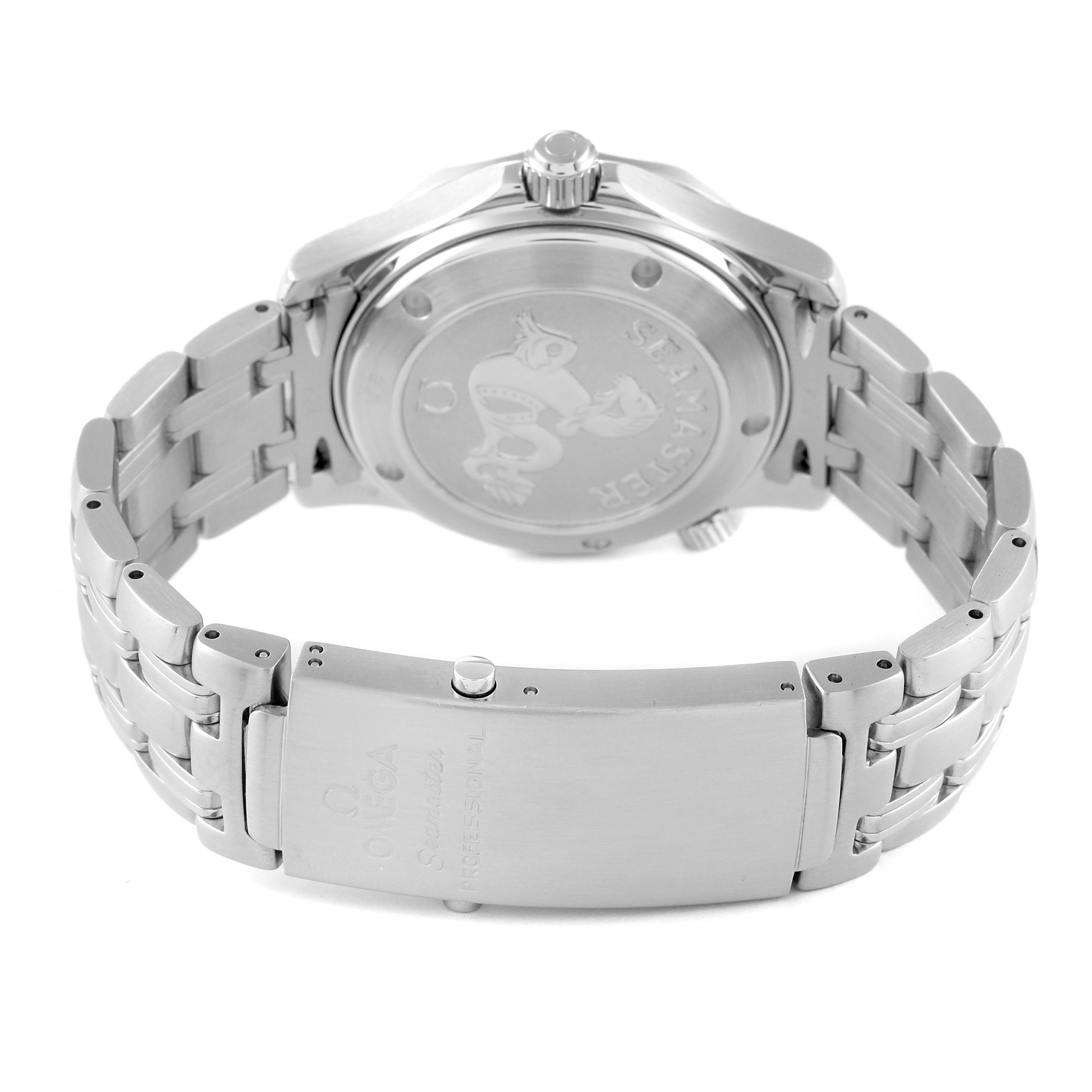 The image shows the back case and clasp of the Omega Seamaster 212.30.36.20.01.001 Men's Stainless Steel Black Dial 212.30.36.20.01.001 Men's Stainless Steel Black Dial watch at a rear angle.