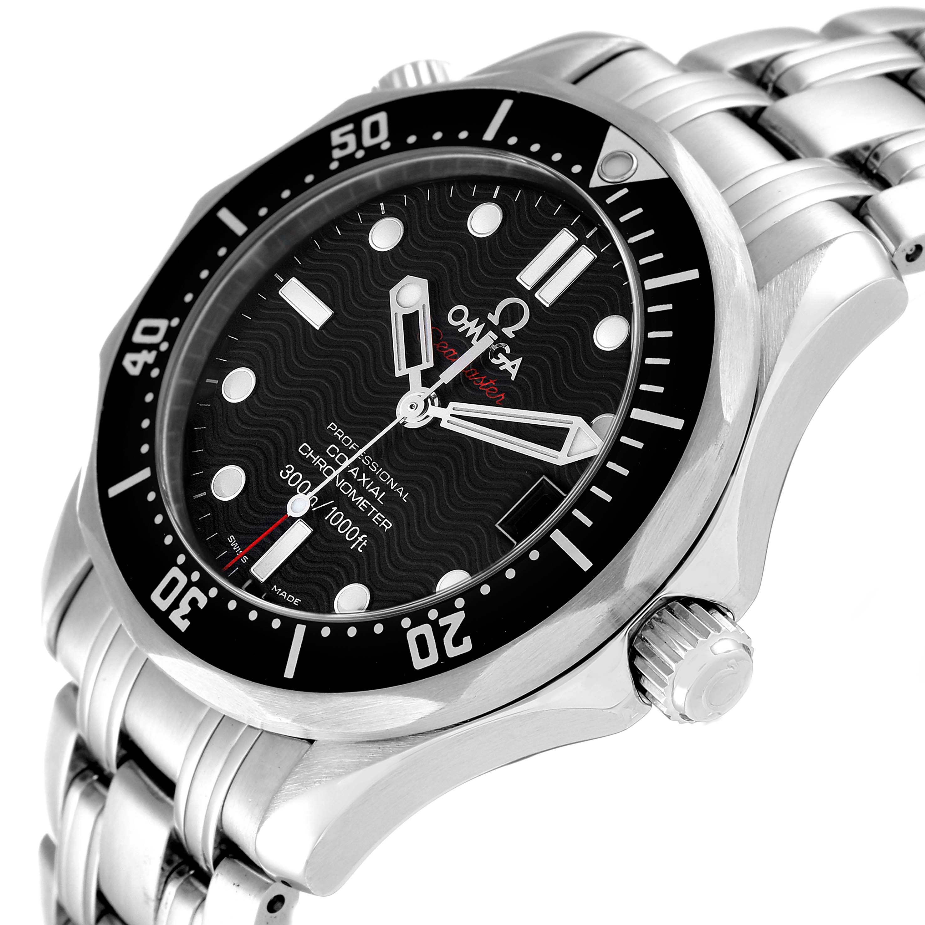 The image shows an angled side view of an Omega Seamaster 212.30.36.20.01.001 Men's Stainless Steel Black Dial 212.30.36.20.01.001 Men's Stainless Steel Black Dial watch, highlighting the face, bezel, crown, and part of the bracelet.