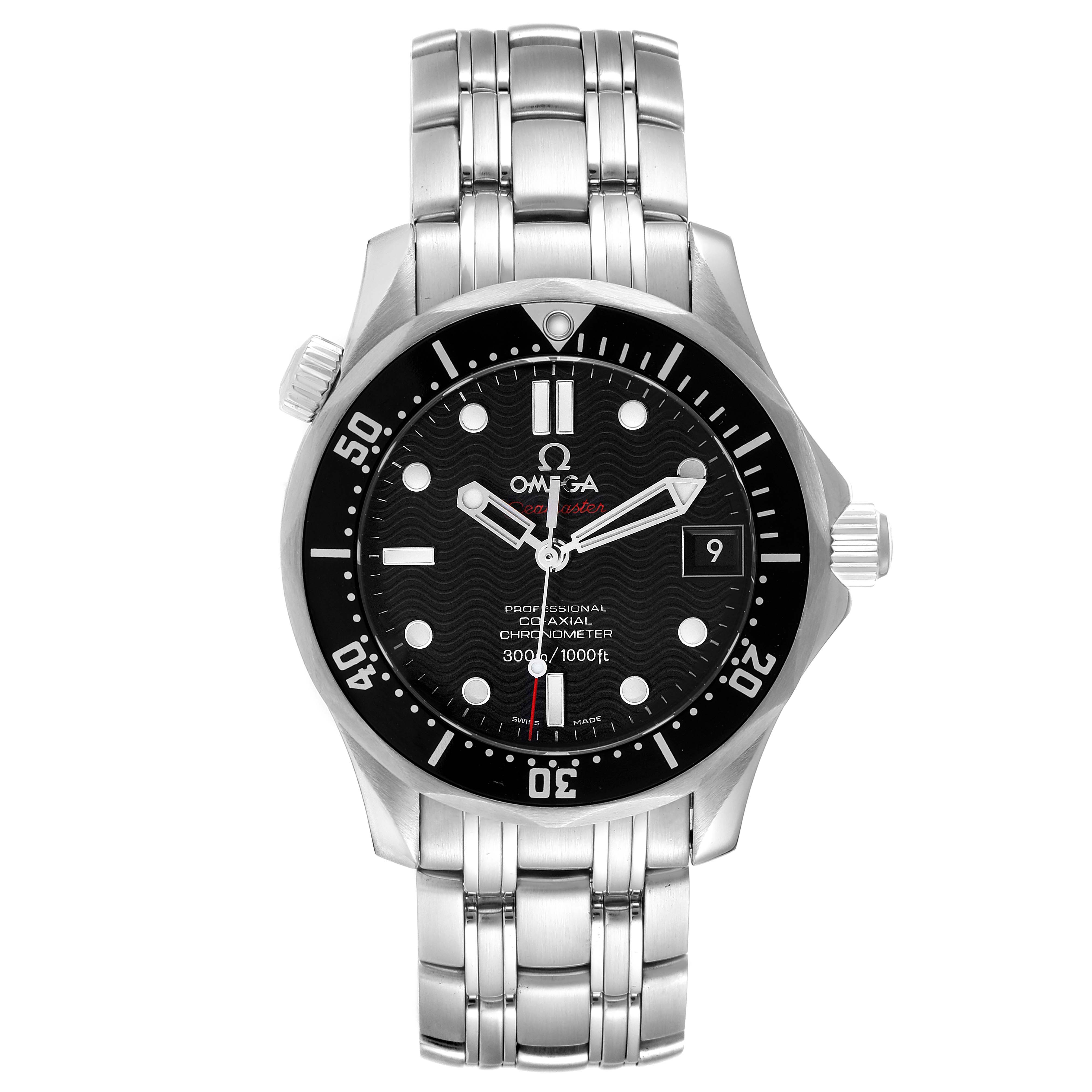 The image shows a front view of the Omega Seamaster 212.30.36.20.01.001 Men's Stainless Steel Black Dial 212.30.36.20.01.001 Men's Stainless Steel Black Dial watch, displaying its face, bezel, crown, and metal bracelet.