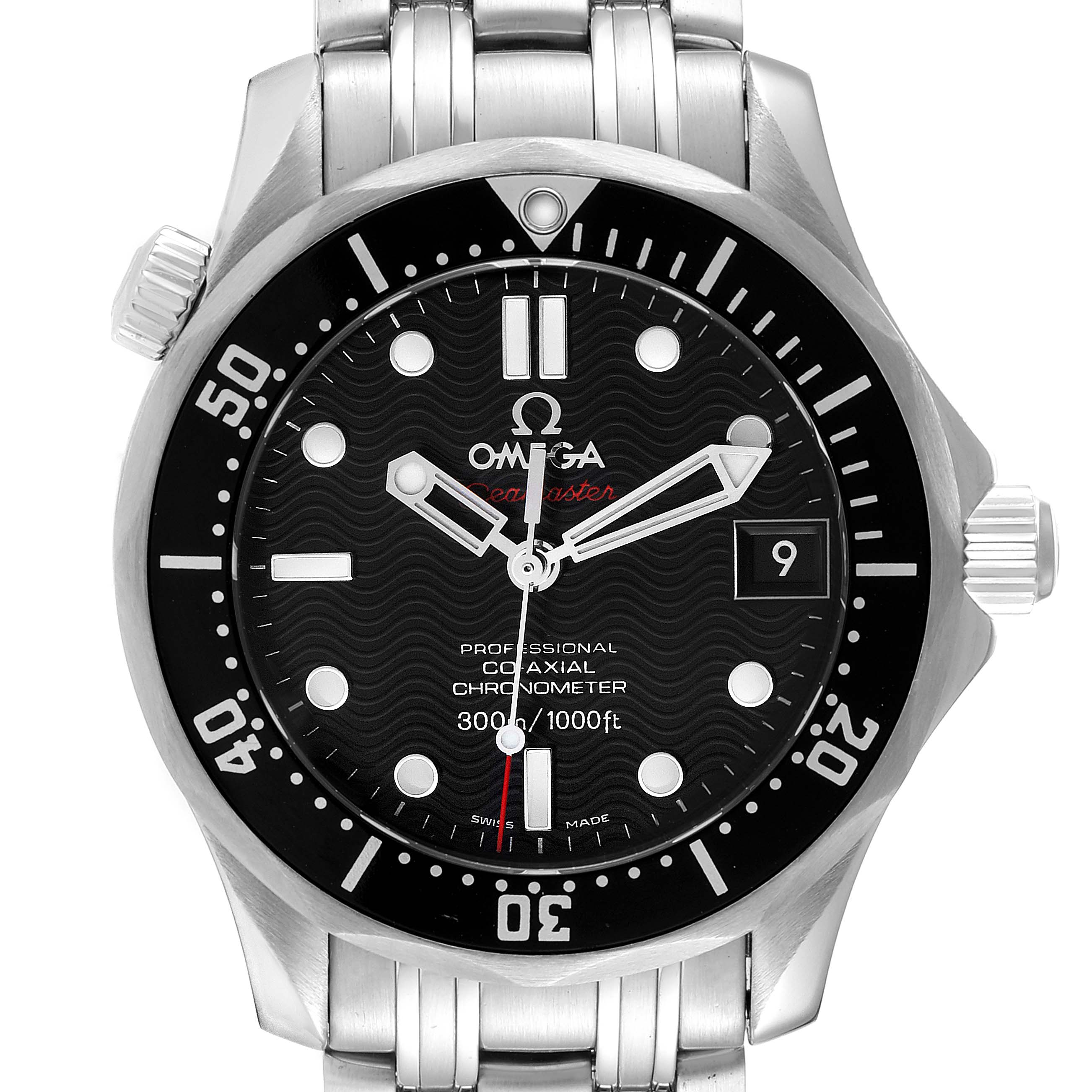 The image shows a front view of an Omega Seamaster 212.30.36.20.01.001 Men's Stainless Steel Black Dial 212.30.36.20.01.001 Men's Stainless Steel Black Dial watch, highlighting the dial, bezel, hands, crown, and part of the bracelet.