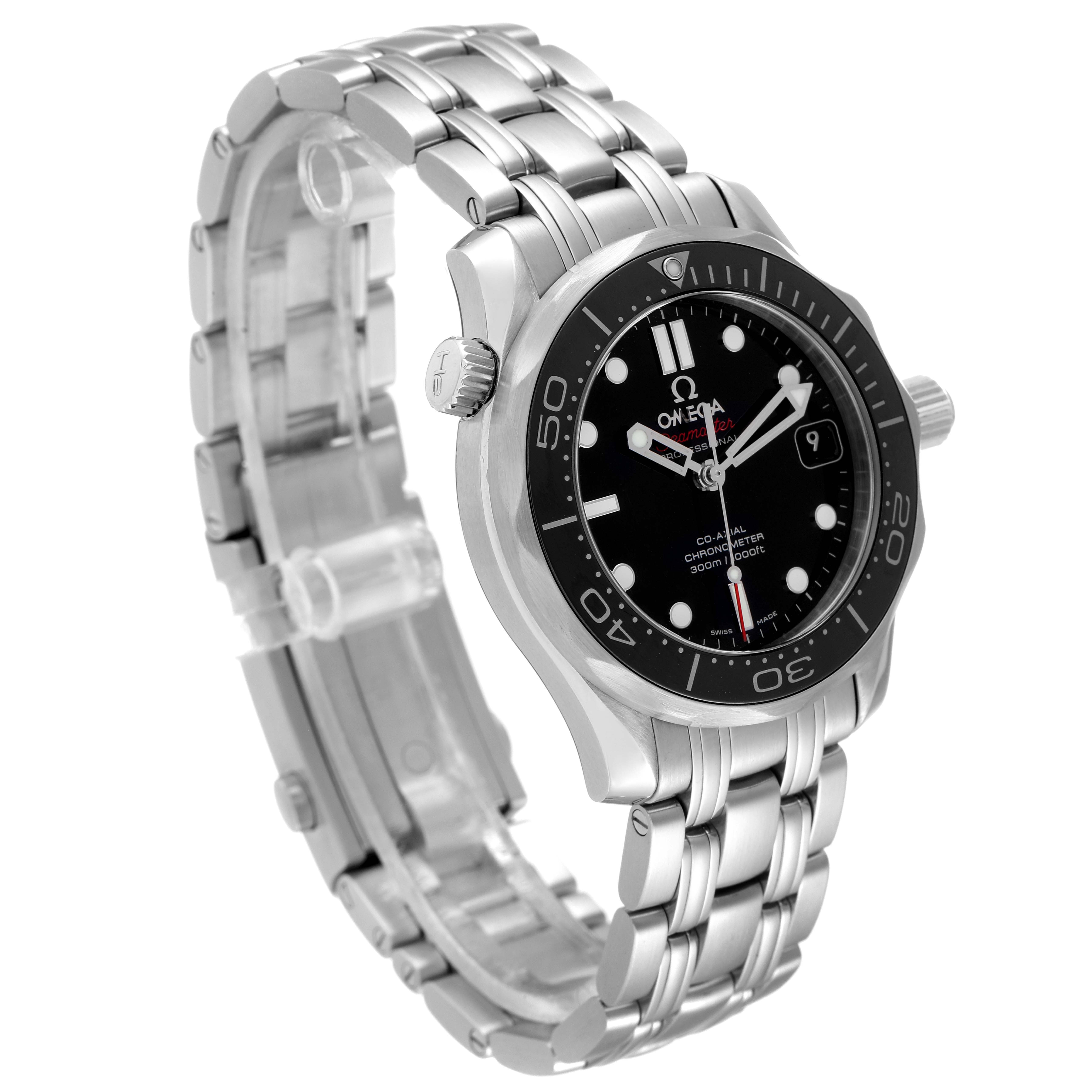 The image shows an Omega Seamaster 212.30.36.20.01.002 Men's Stainless Steel Black Dial 212.30.36.20.01.002 Men's Stainless Steel Black Dial watch at a three-quarter angle, highlighting its stainless steel bracelet, black bezel, and face.