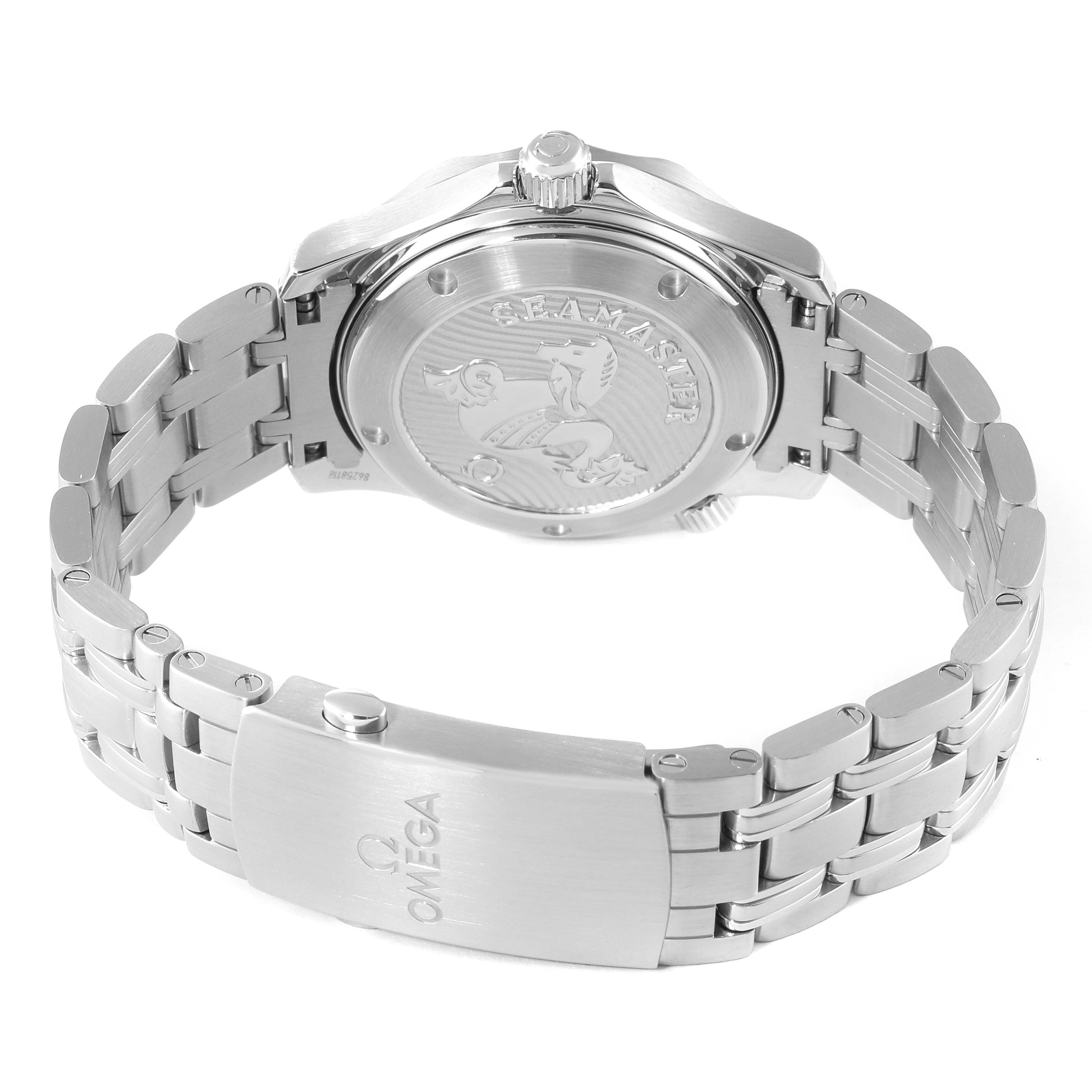 The image shows the back and clasp of the Omega Seamaster 212.30.36.20.01.002 Men's Stainless Steel Black Dial 212.30.36.20.01.002 Men's Stainless Steel Black Dial watch, highlighting its case back engraving and metal bracelet.