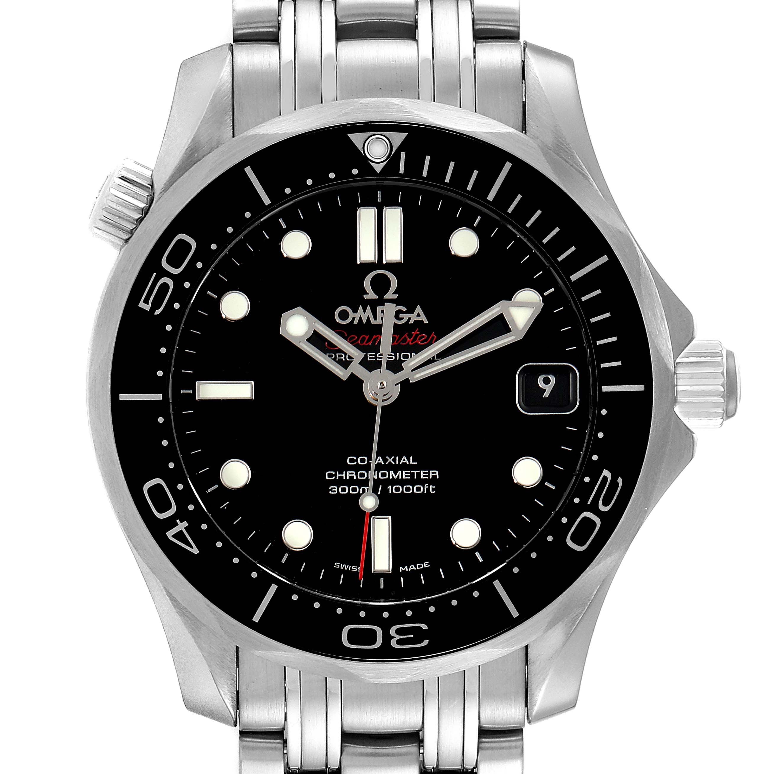 The image shows a front view of an Omega Seamaster 212.30.36.20.01.002 Men's Stainless Steel Black Dial 212.30.36.20.01.002 Men's Stainless Steel Black Dial watch, highlighting its black dial, bezel, and stainless steel bracelet.