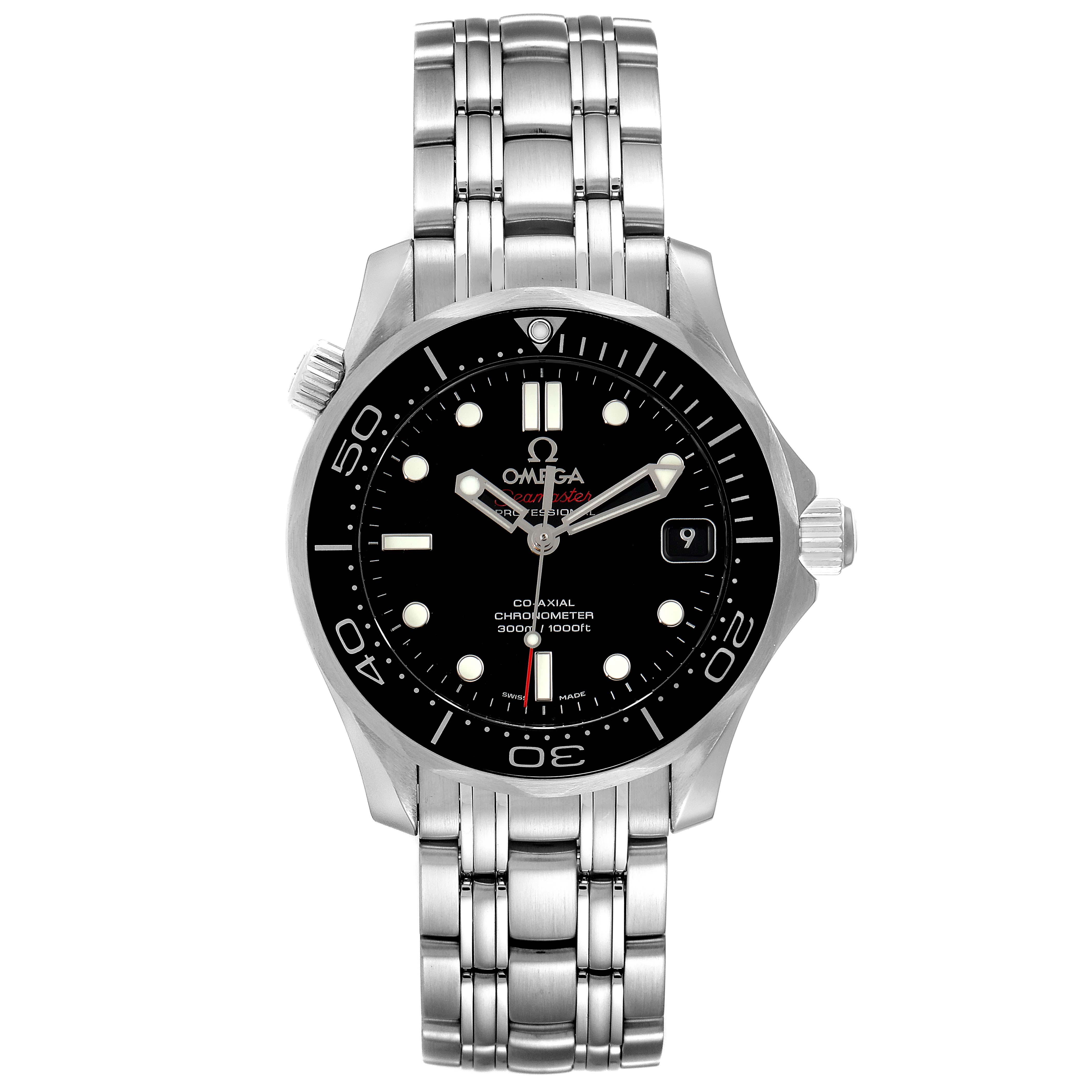 The Omega Seamaster 212.30.36.20.01.002 Men's Stainless Steel Black Dial 212.30.36.20.01.002 Men's Stainless Steel Black Dial watch is shown from the front, displaying the dial, bezel, case, and bracelet.