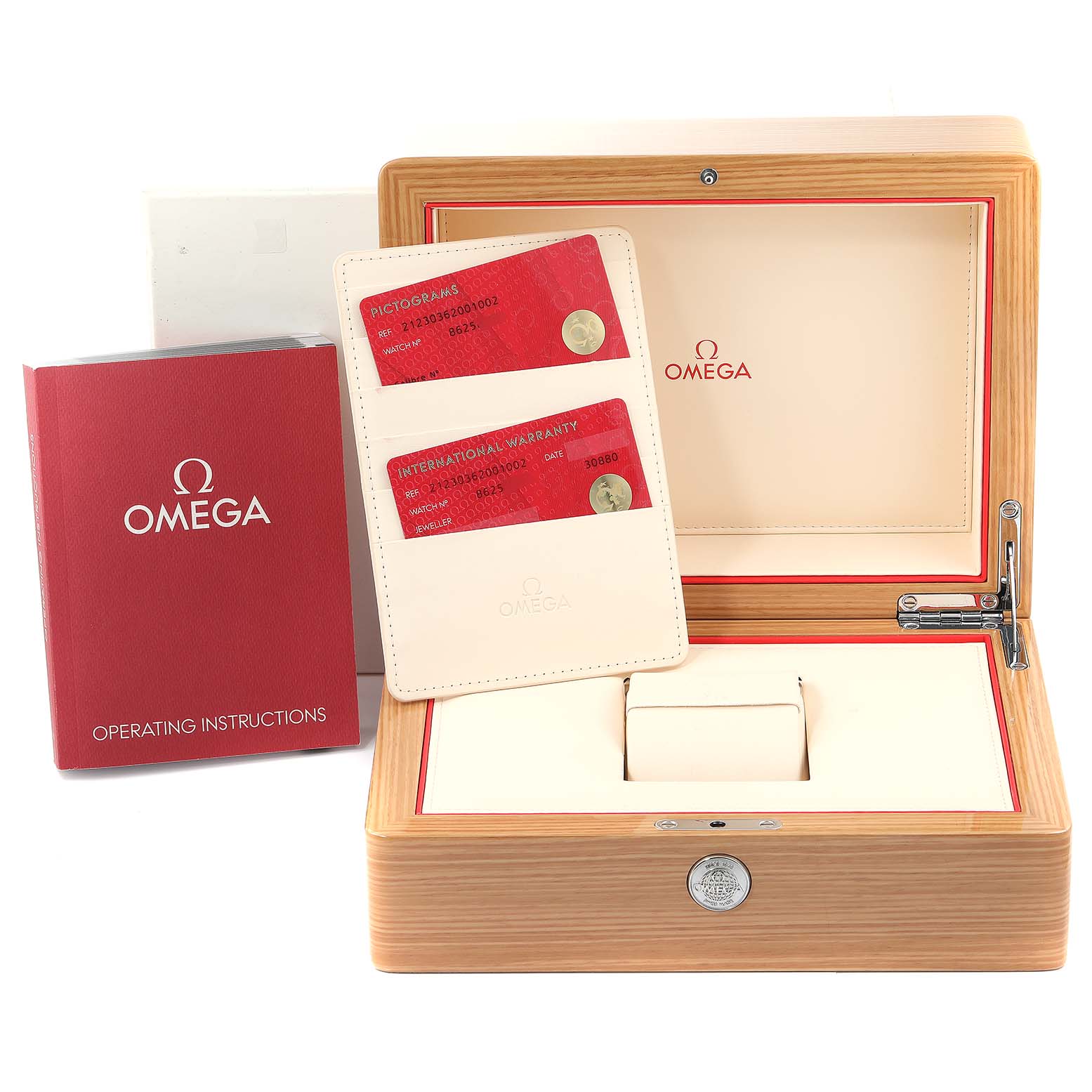 The image shows the Omega Seamaster 212.30.36.20.01.002 Men's Stainless Steel Black Dial 212.30.36.20.01.002 Men's Stainless Steel Black Dial watch box, operating instructions, and warranty cards from a frontal angle.