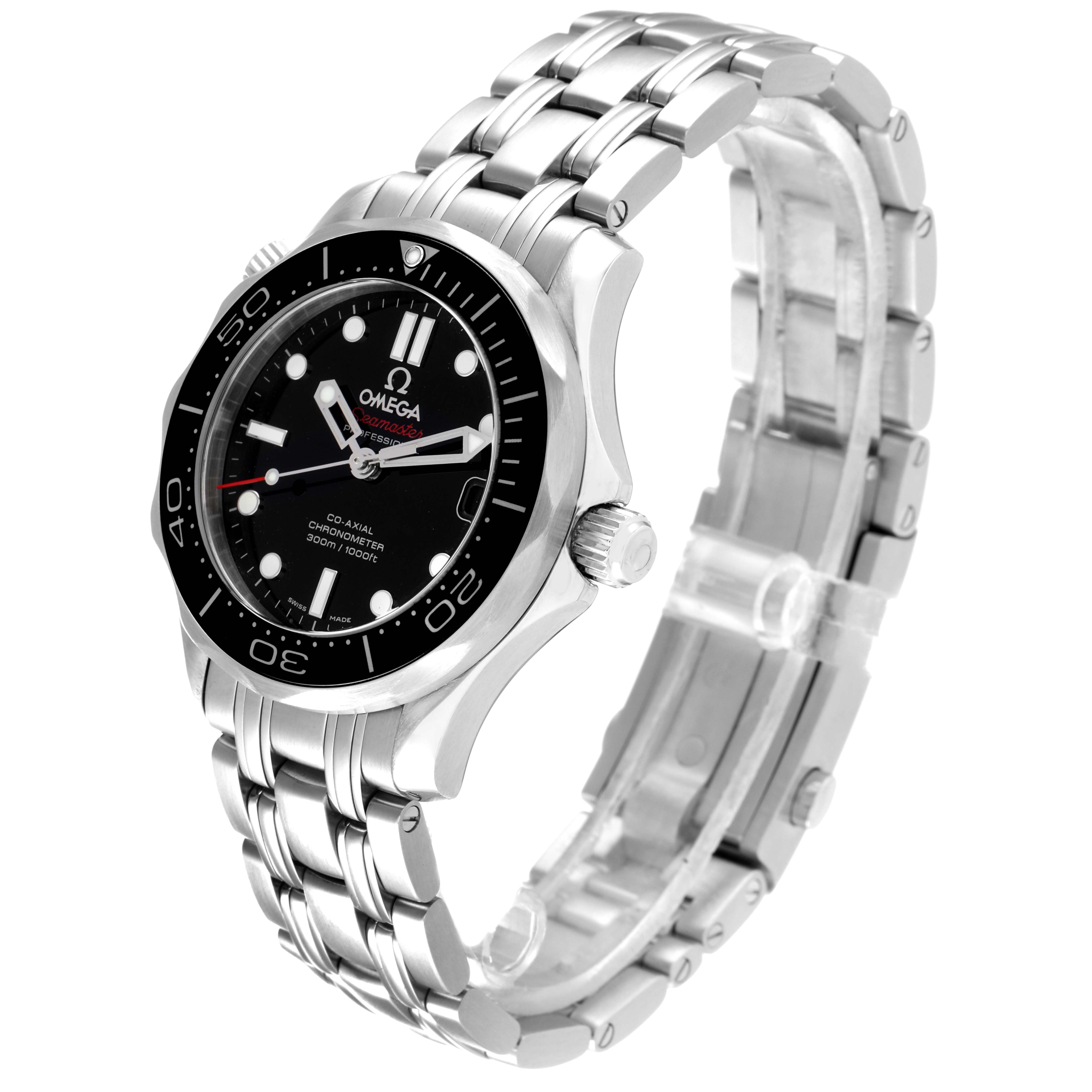 The image shows an Omega Seamaster 212.30.36.20.01.002 Men's Stainless Steel Black Dial 212.30.36.20.01.002 Men's Stainless Steel Black Dial watch from a side angle, highlighting the face, crown, and metal bracelet.
