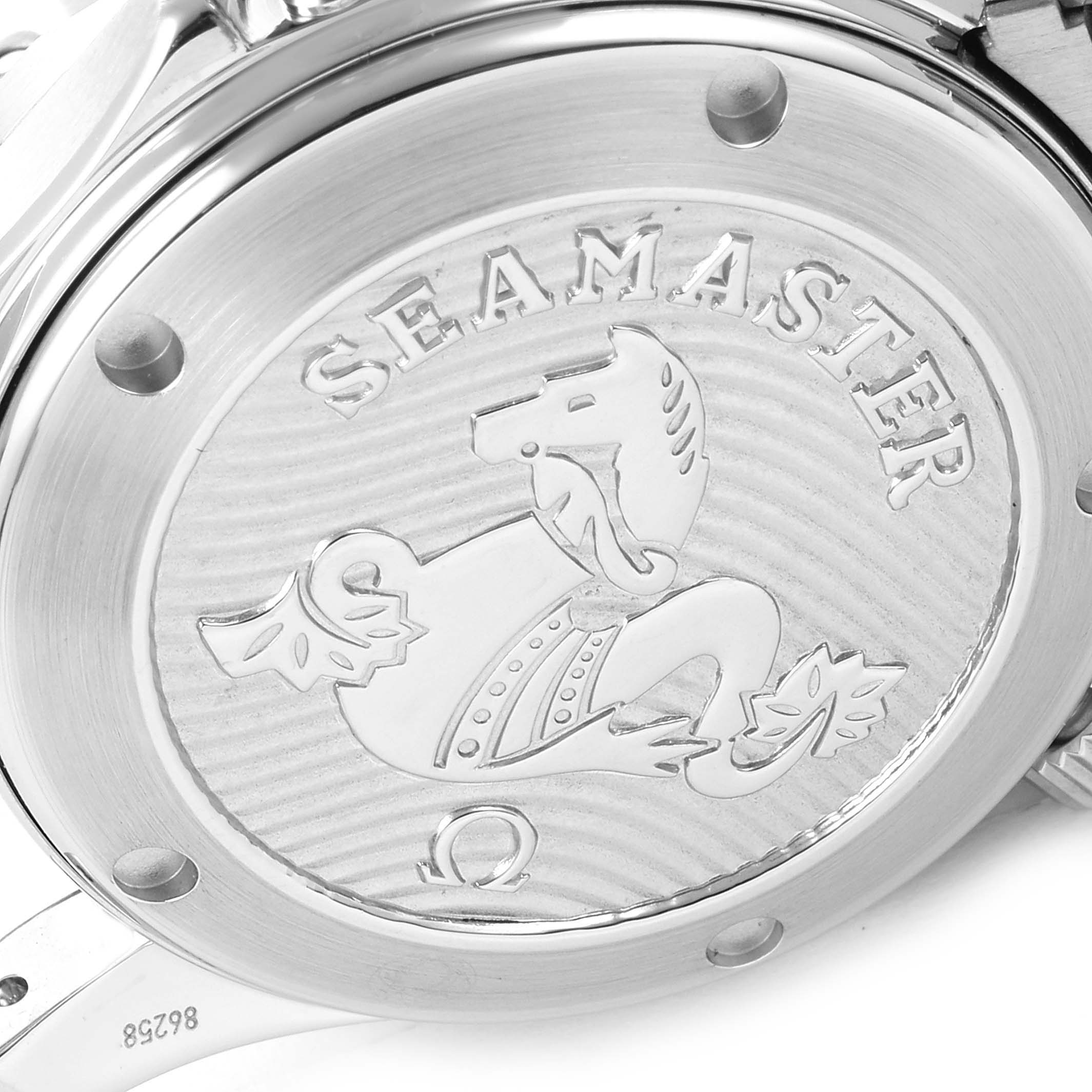 This image shows the back case of an Omega Seamaster 212.30.36.20.01.002 Men's Stainless Steel Black Dial 212.30.36.20.01.002 Men's Stainless Steel Black Dial watch, featuring its distinctive engraving.