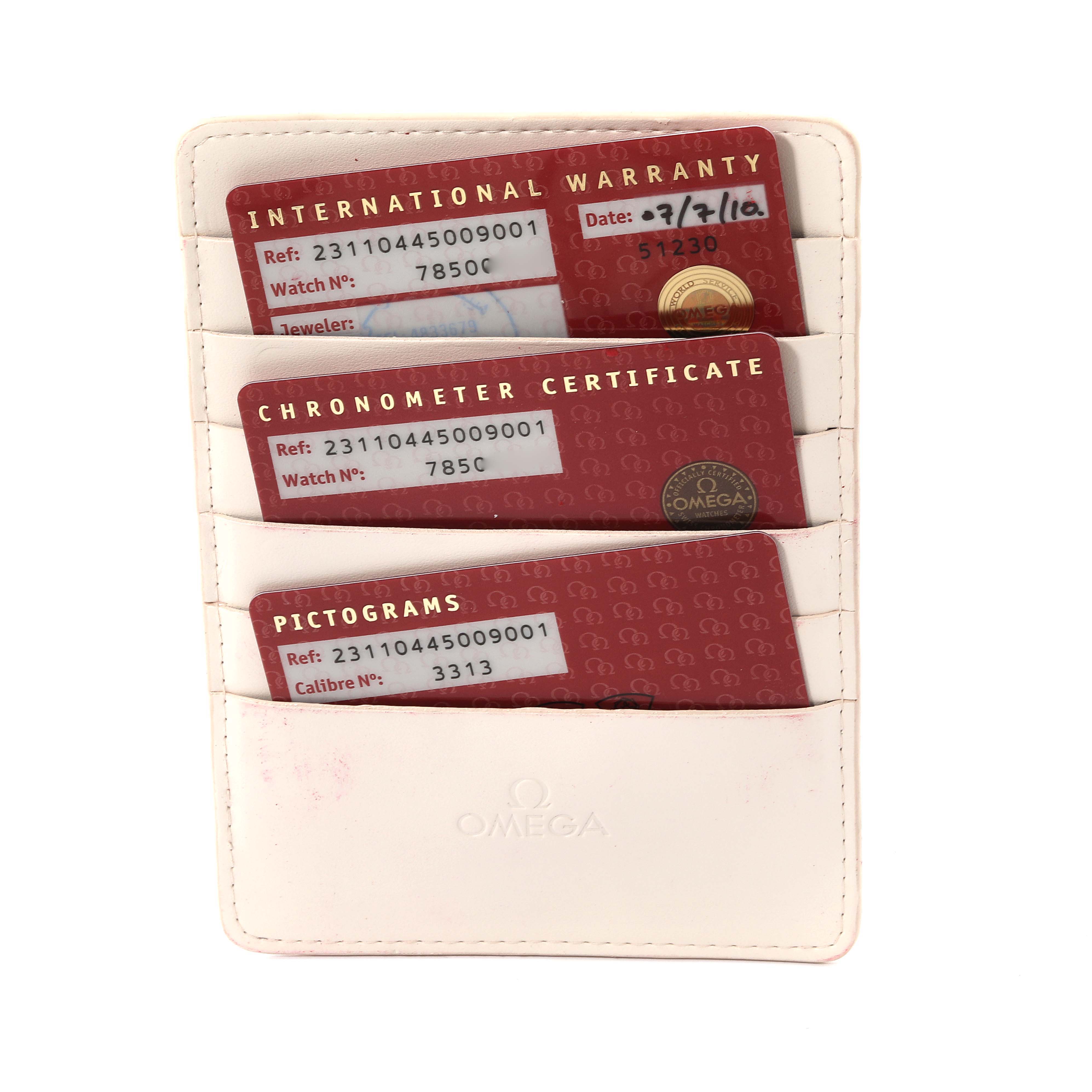 The image shows an Omega Aqua Terra 231.10.44.50.09.001 Men's Stainless Steel Pink Dial 231.10.44.50.09.001 Men's Stainless Steel Pink Dial watch's international warranty card, chronometer certificate, and pictograms in a white holder.