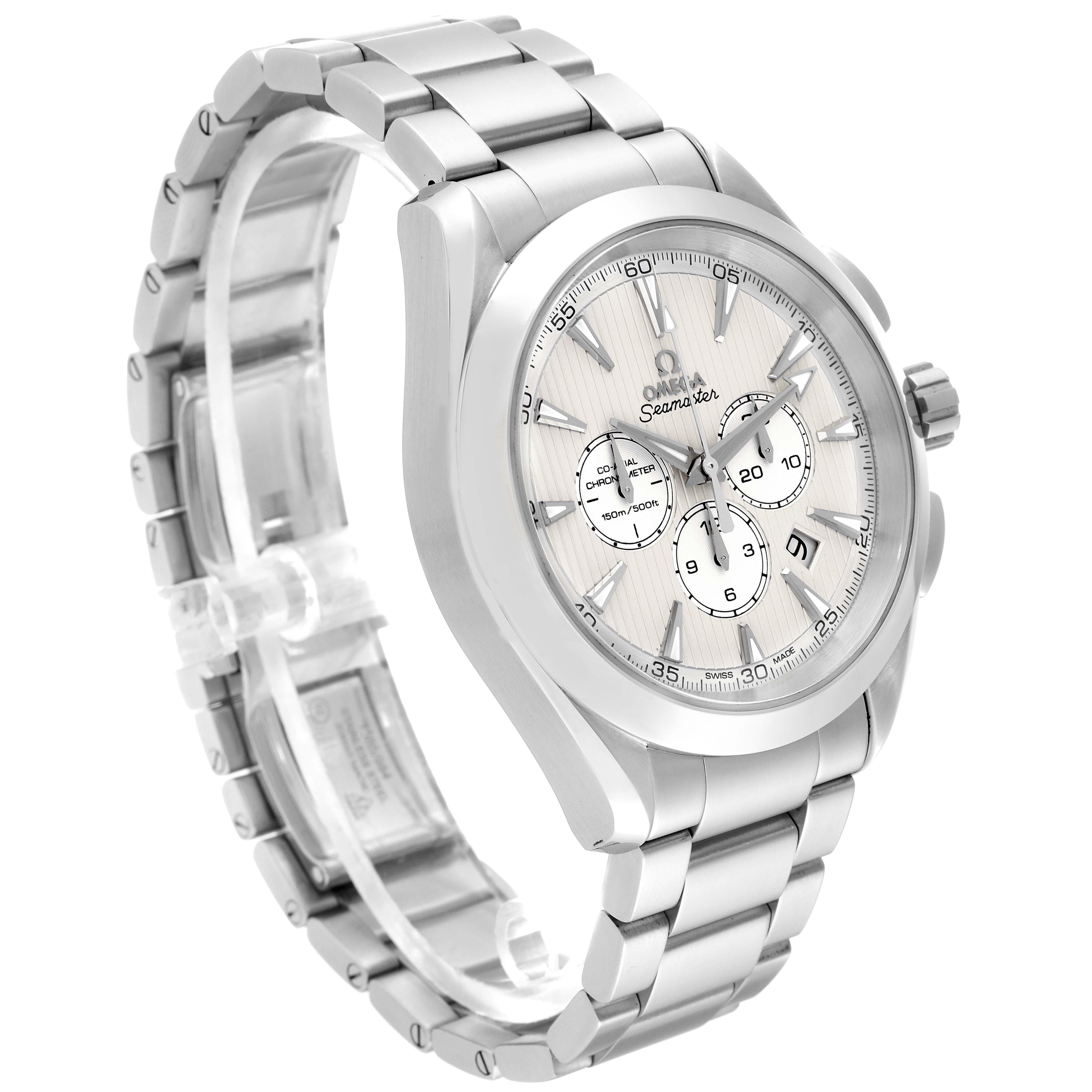 The image shows a side angle of an Omega Aqua Terra 231.10.44.50.09.001 Men's Stainless Steel Pink Dial 231.10.44.50.09.001 Men's Stainless Steel Pink Dial watch, highlighting the face, bezel, crown, and bracelet.