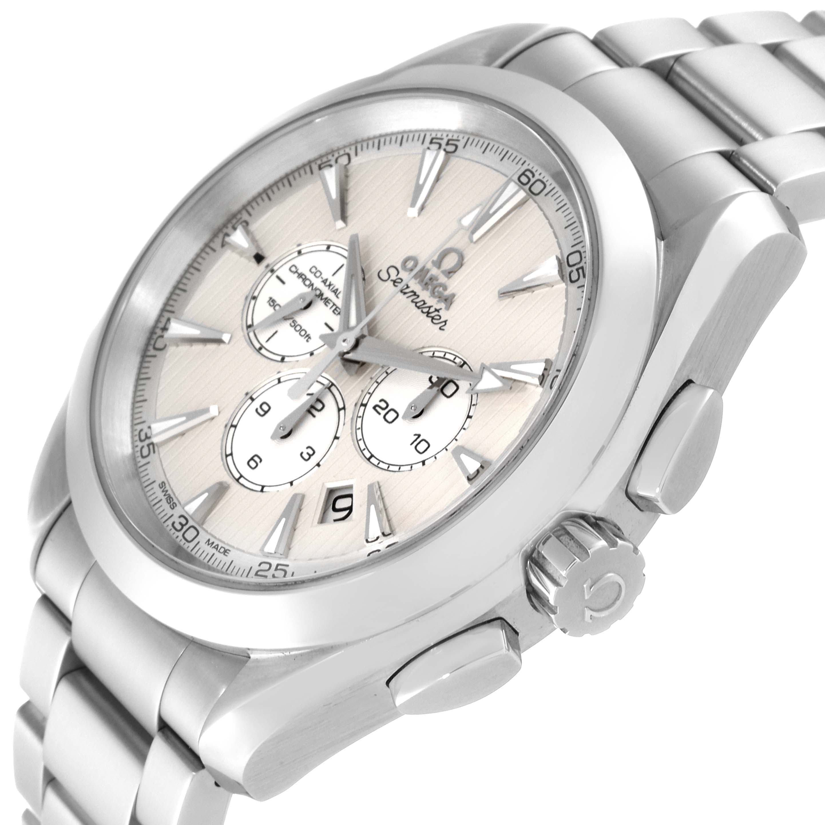 The image shows a close-up angle of the Omega Aqua Terra 231.10.44.50.09.001 Men's Stainless Steel Pink Dial 231.10.44.50.09.001 Men's Stainless Steel Pink Dial Seamaster watch, highlighting its face, bezel, crown, and bracelet.