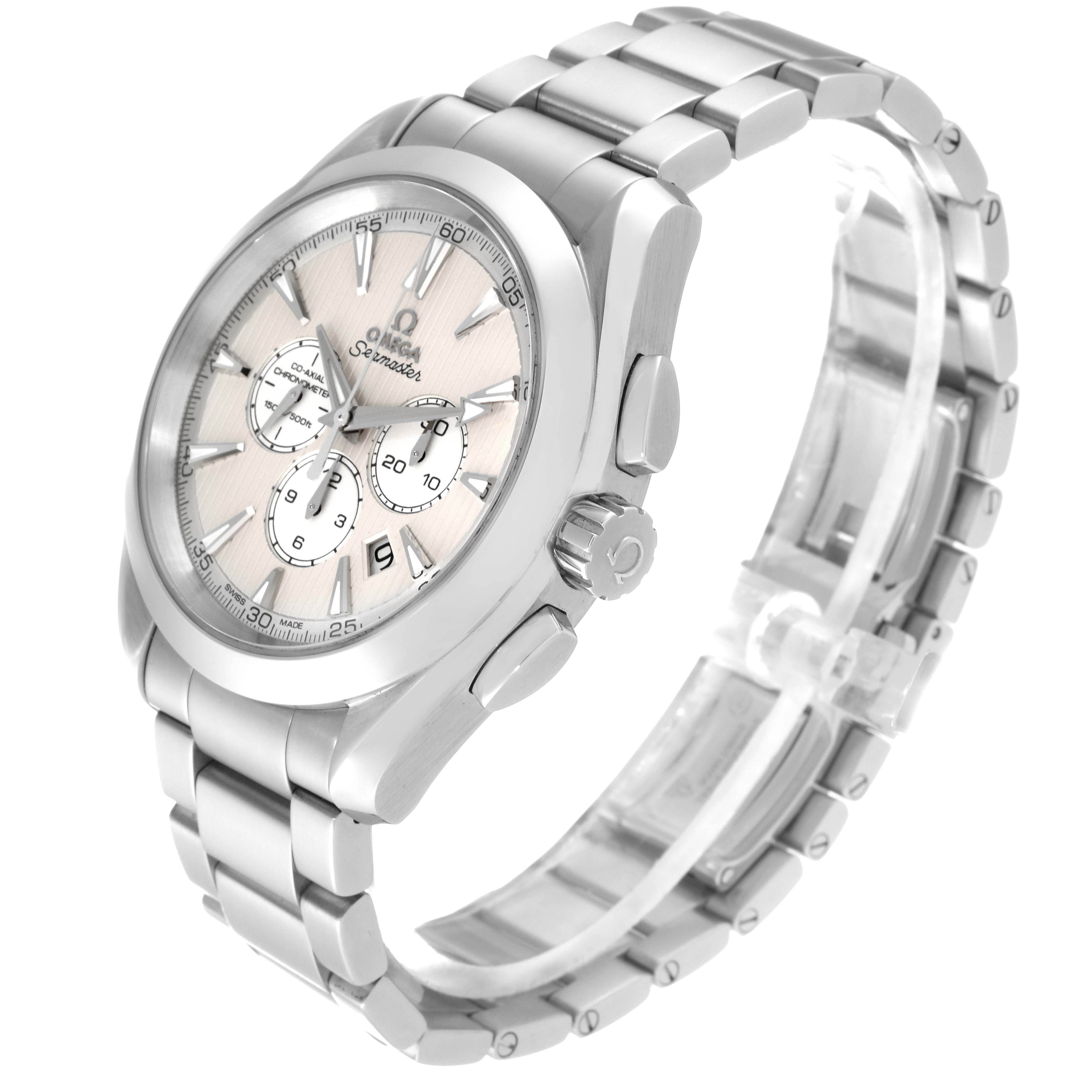 The Omega Aqua Terra 231.10.44.50.09.001 Men's Stainless Steel Pink Dial 231.10.44.50.09.001 Men's Stainless Steel Pink Dial watch is shown at a three-quarter angle, displaying its face, crown, and metal bracelet.