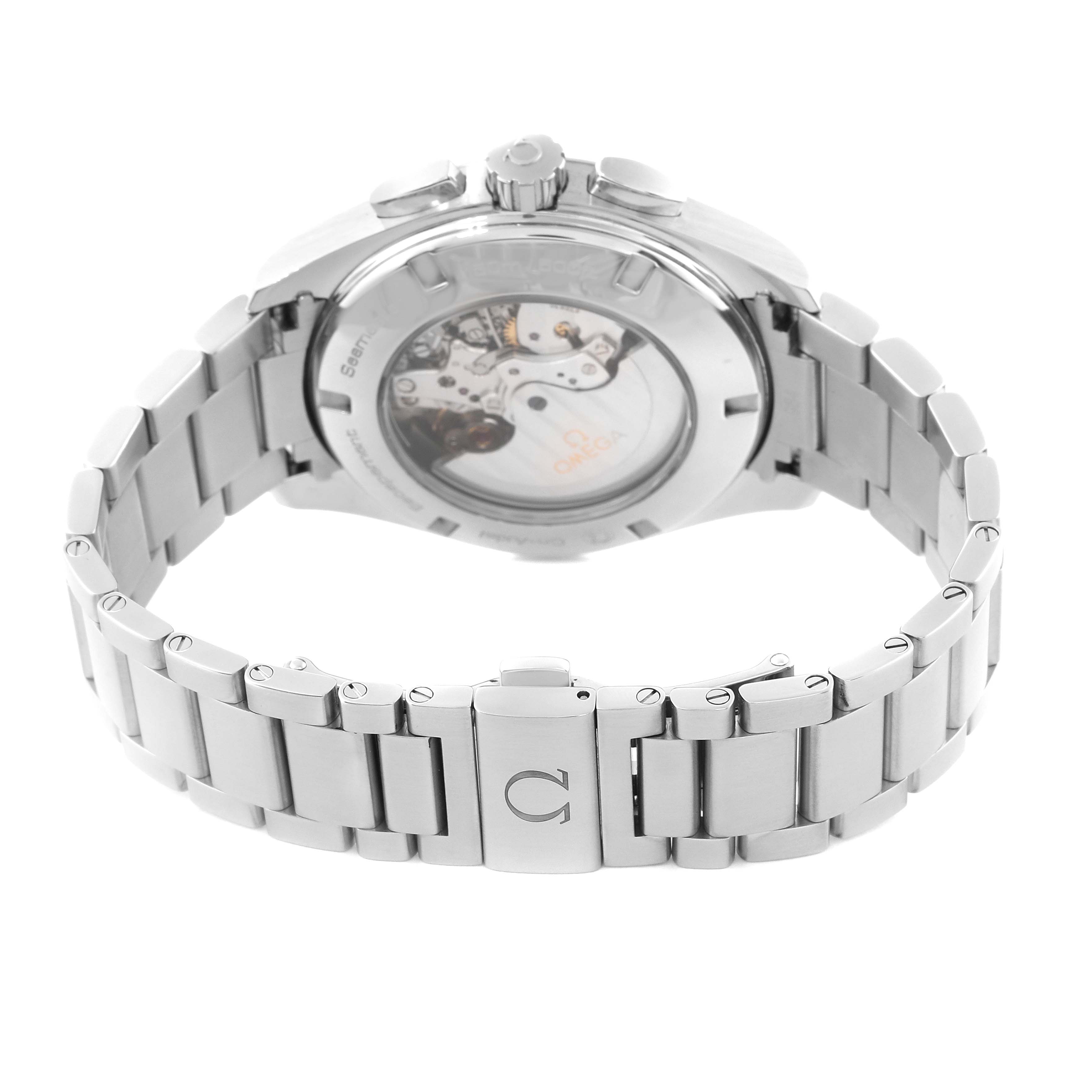 This image shows the back view of the Omega Aqua Terra 231.10.44.50.09.001 Men's Stainless Steel Pink Dial 231.10.44.50.09.001 Men's Stainless Steel Pink Dial watch, showcasing its case back and metal bracelet.