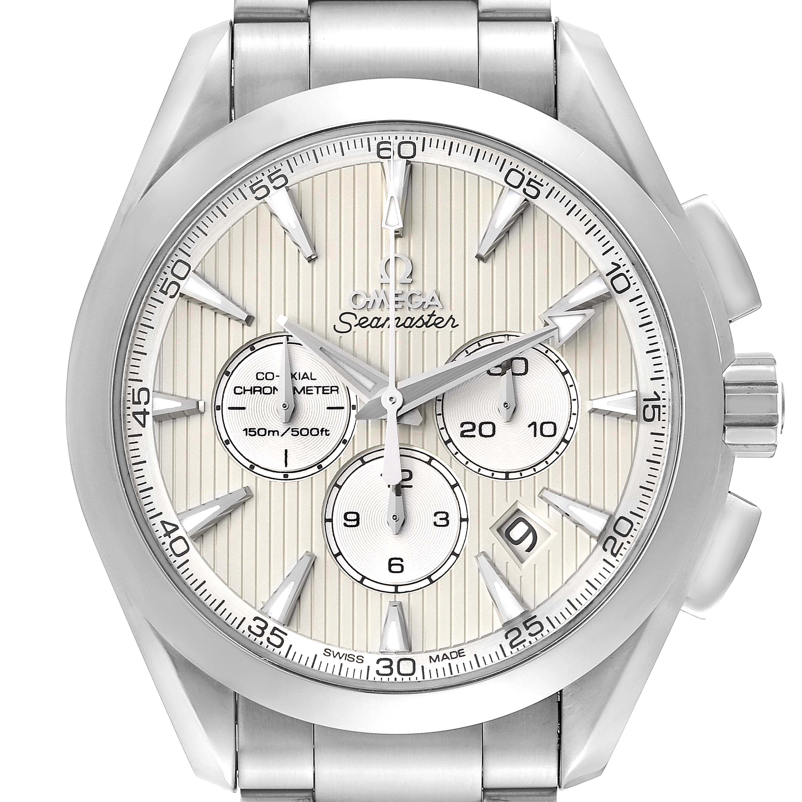 The image shows a frontal view of the Omega Aqua Terra 231.10.44.50.09.001 Men's Stainless Steel Pink Dial 231.10.44.50.09.001 Men's Stainless Steel Pink Dial watch, highlighting its dial, hands, subdials, date window, and stainless steel band.