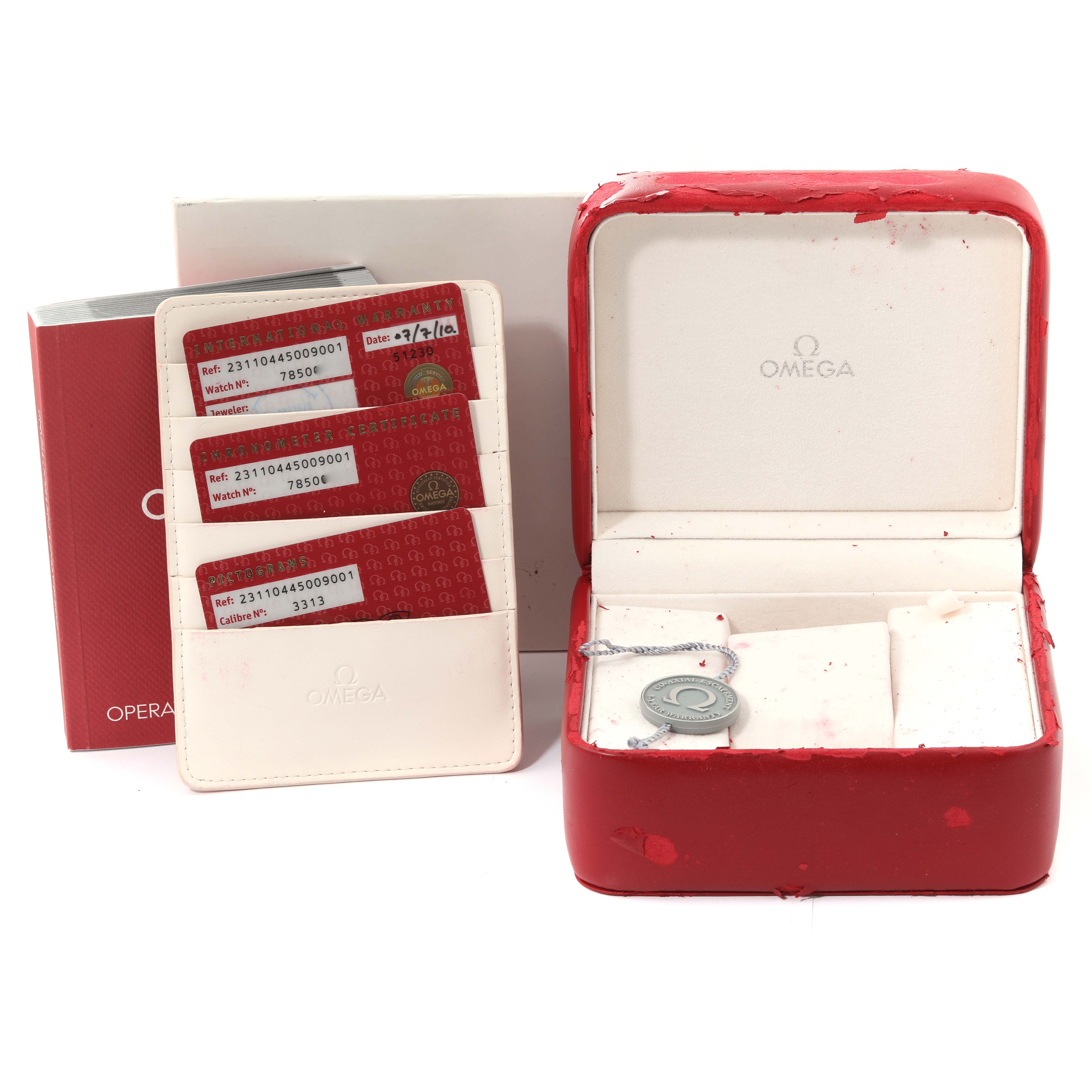 The image shows the packaging box, warranty cards, manual, and tag for the Omega Aqua Terra 231.10.44.50.09.001 Men's Stainless Steel Pink Dial 231.10.44.50.09.001 Men's Stainless Steel Pink Dial watch.