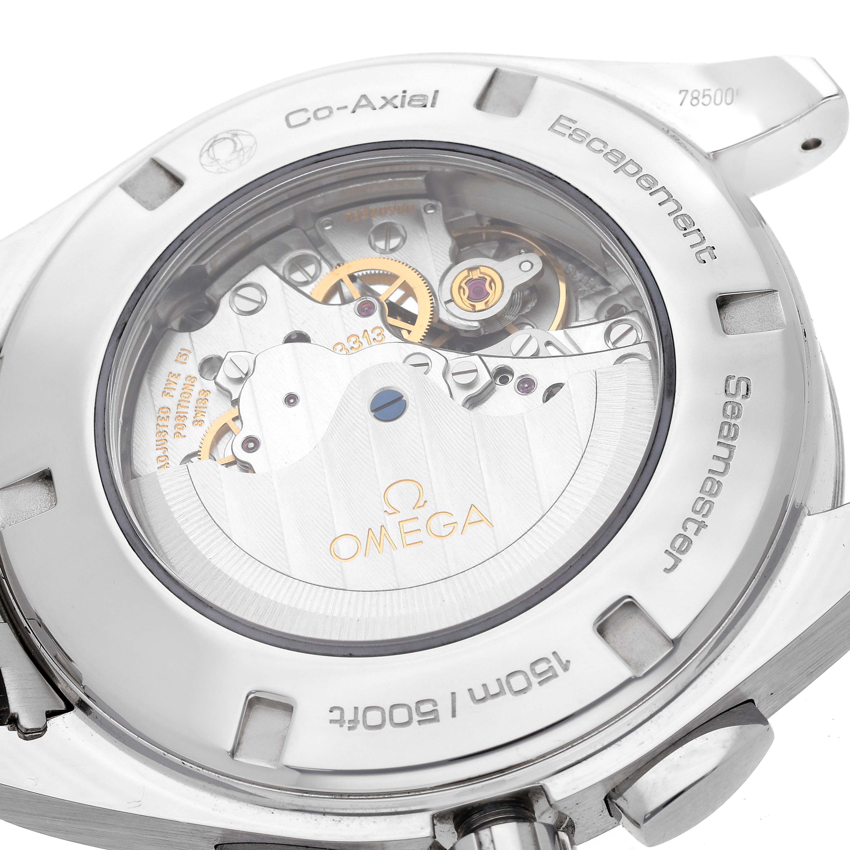 The image shows the back view of an Omega Aqua Terra 231.10.44.50.09.001 Men's Stainless Steel Pink Dial 231.10.44.50.09.001 Men's Stainless Steel Pink Dial watch, highlighting its Co-Axial Escapement and internal mechanisms through a sapphire crystal case back.