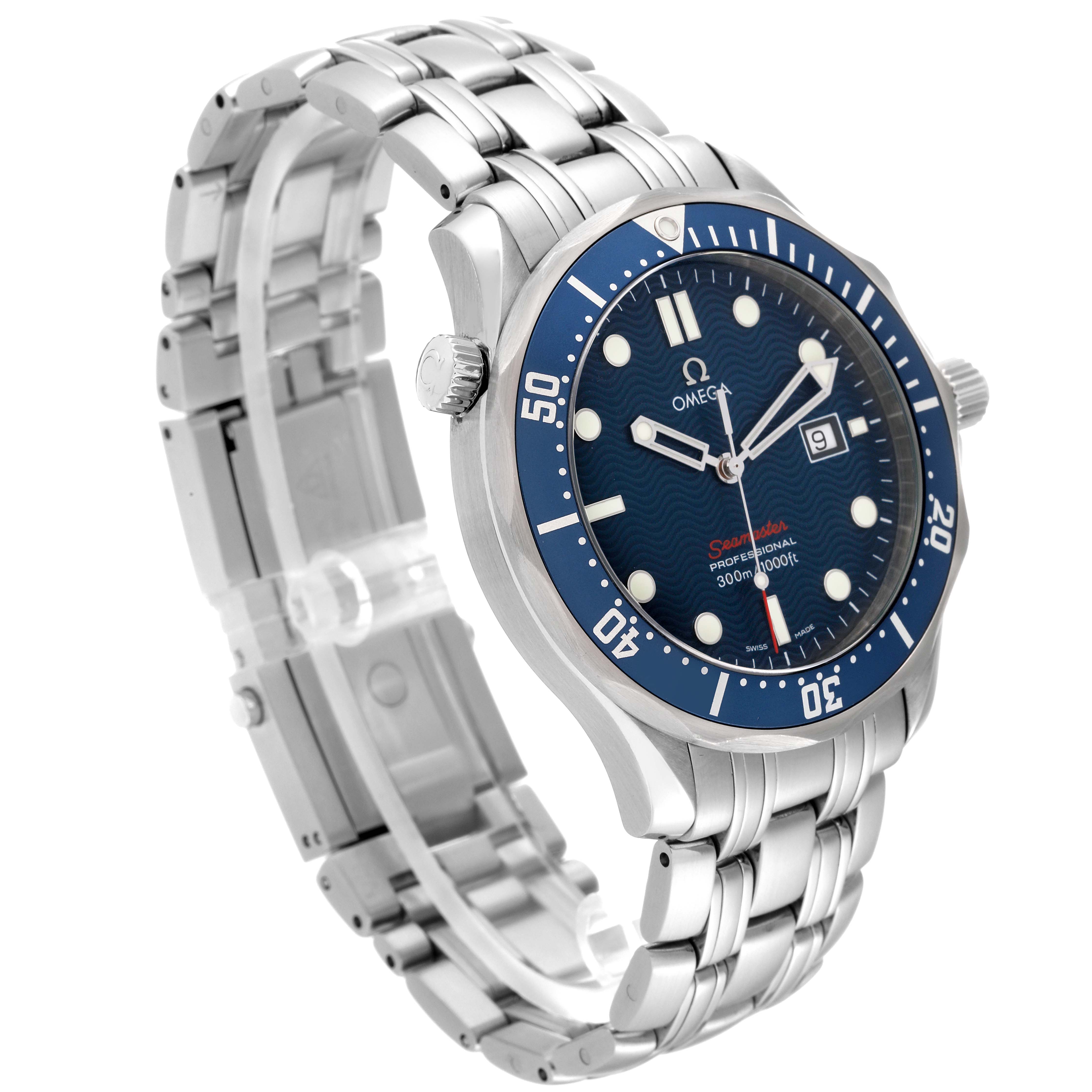The Omega Seamaster 2221.80.00 Men's Stainless Steel Blue Dial 2221.80.00 Men's Stainless Steel Blue Dial watch is shown at a 3/4 angle, highlighting its blue dial, metal bracelet, and crown.