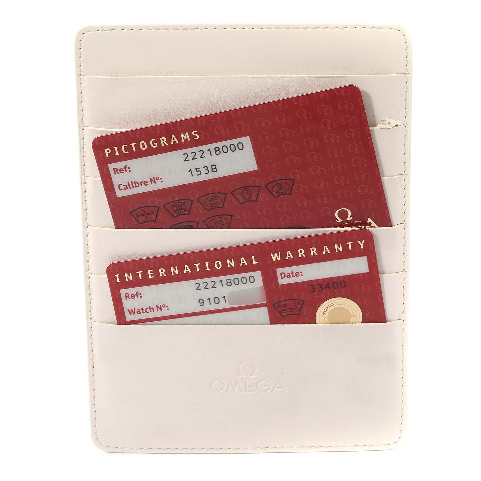 The image shows warranty and pictogram cards for the Omega Seamaster 2221.80.00 Men's Stainless Steel Blue Dial 2221.80.00 Men's Stainless Steel Blue Dial model in a white cardholder.