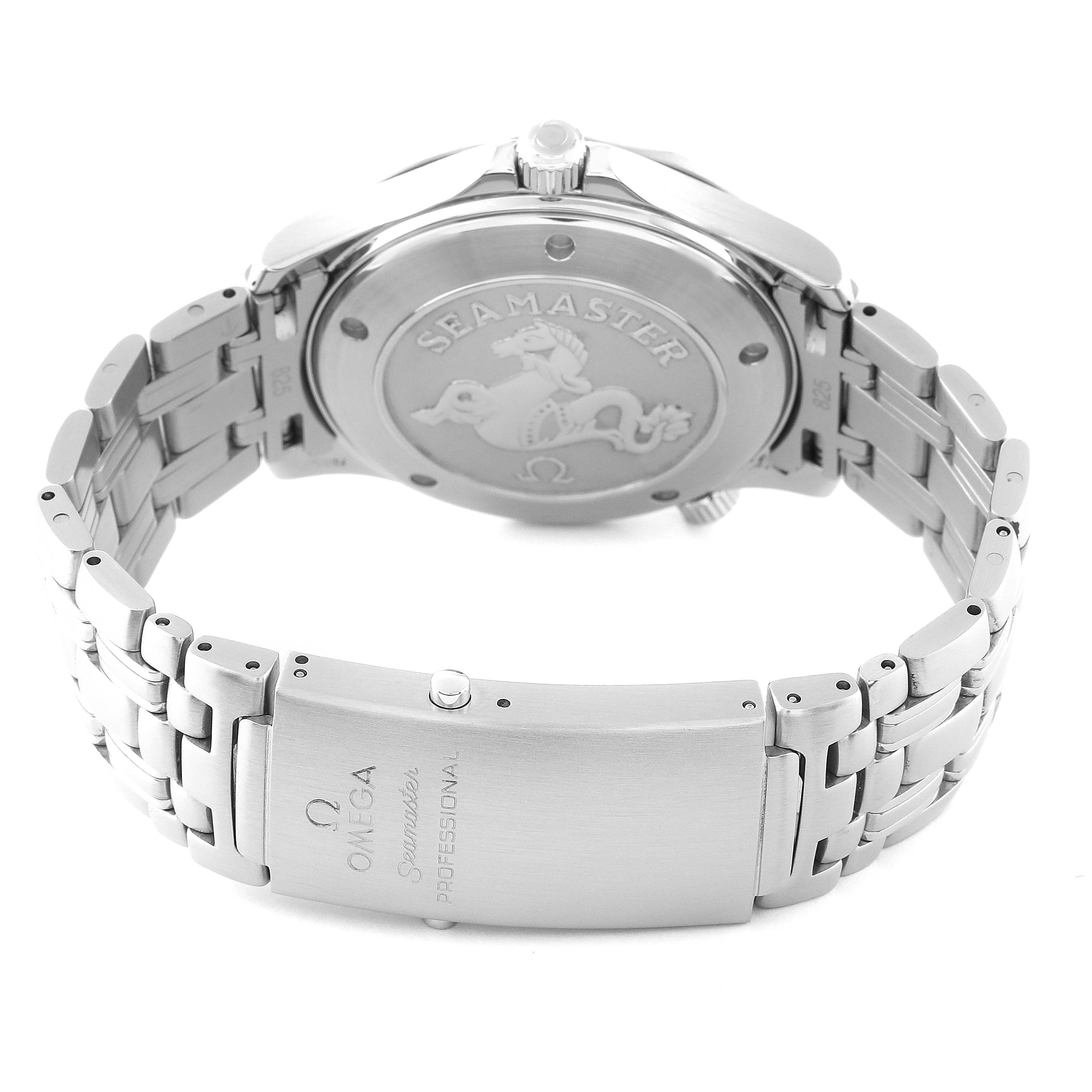 The image shows the back case and bracelet of an Omega Seamaster 2221.80.00 Men's Stainless Steel Blue Dial 2221.80.00 Men's Stainless Steel Blue Dial watch, highlighting the engraved case back and branding on the clasp.