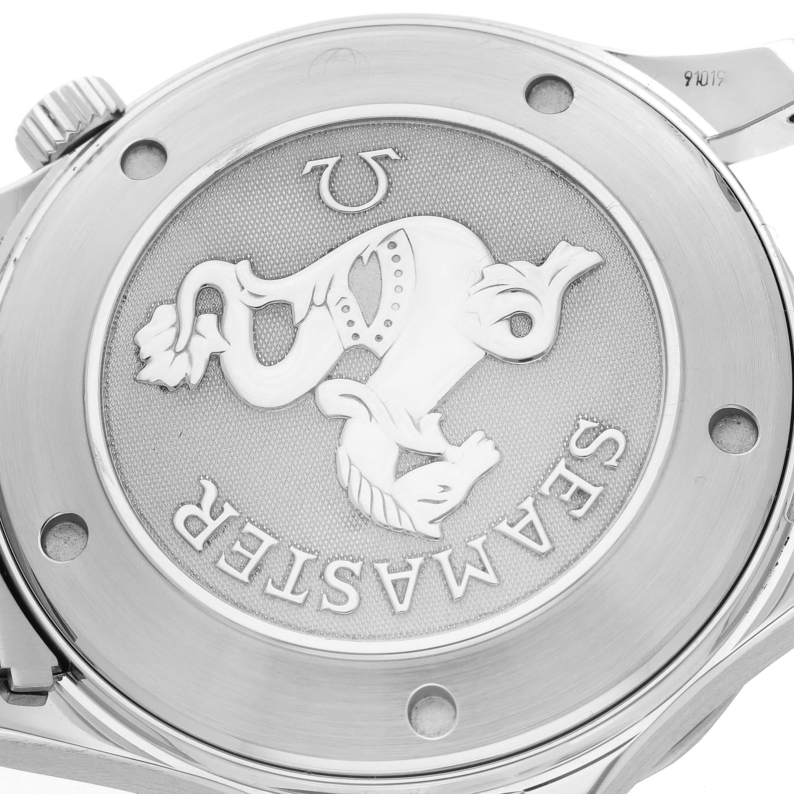 The image shows the case back of an Omega Seamaster 2221.80.00 Men's Stainless Steel Blue Dial 2221.80.00 Men's Stainless Steel Blue Dial watch, featuring the Seamaster logo and branding.