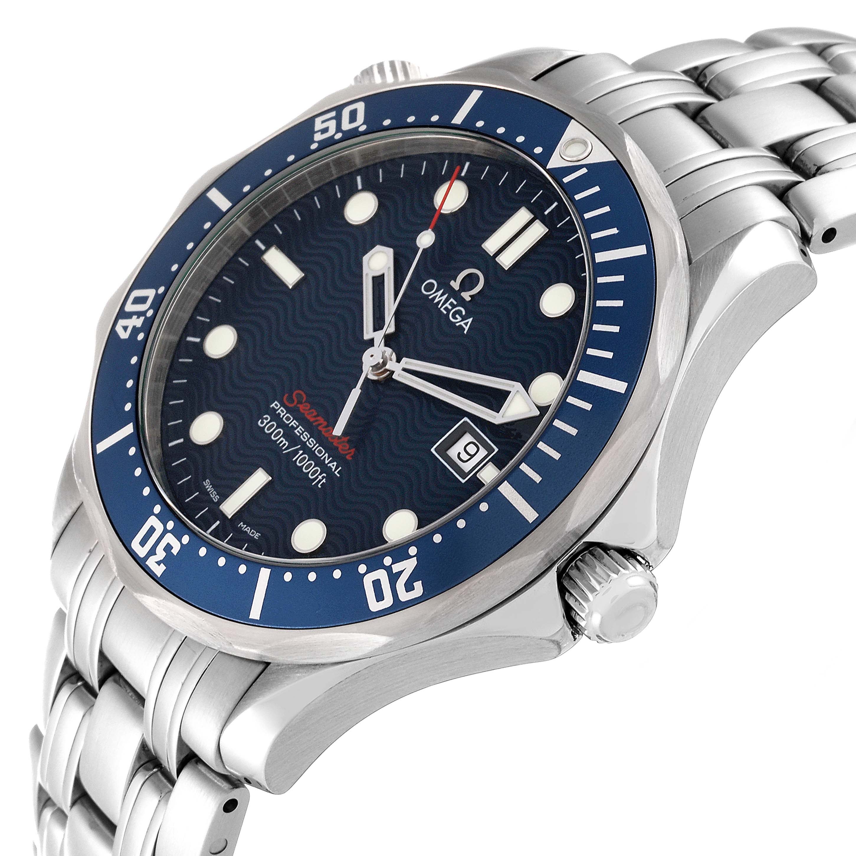 This image shows an angled view of the Omega Seamaster 2221.80.00 Men's Stainless Steel Blue Dial 2221.80.00 Men's Stainless Steel Blue Dial watch, highlighting its blue dial, bezel, and crown with a stainless steel bracelet.