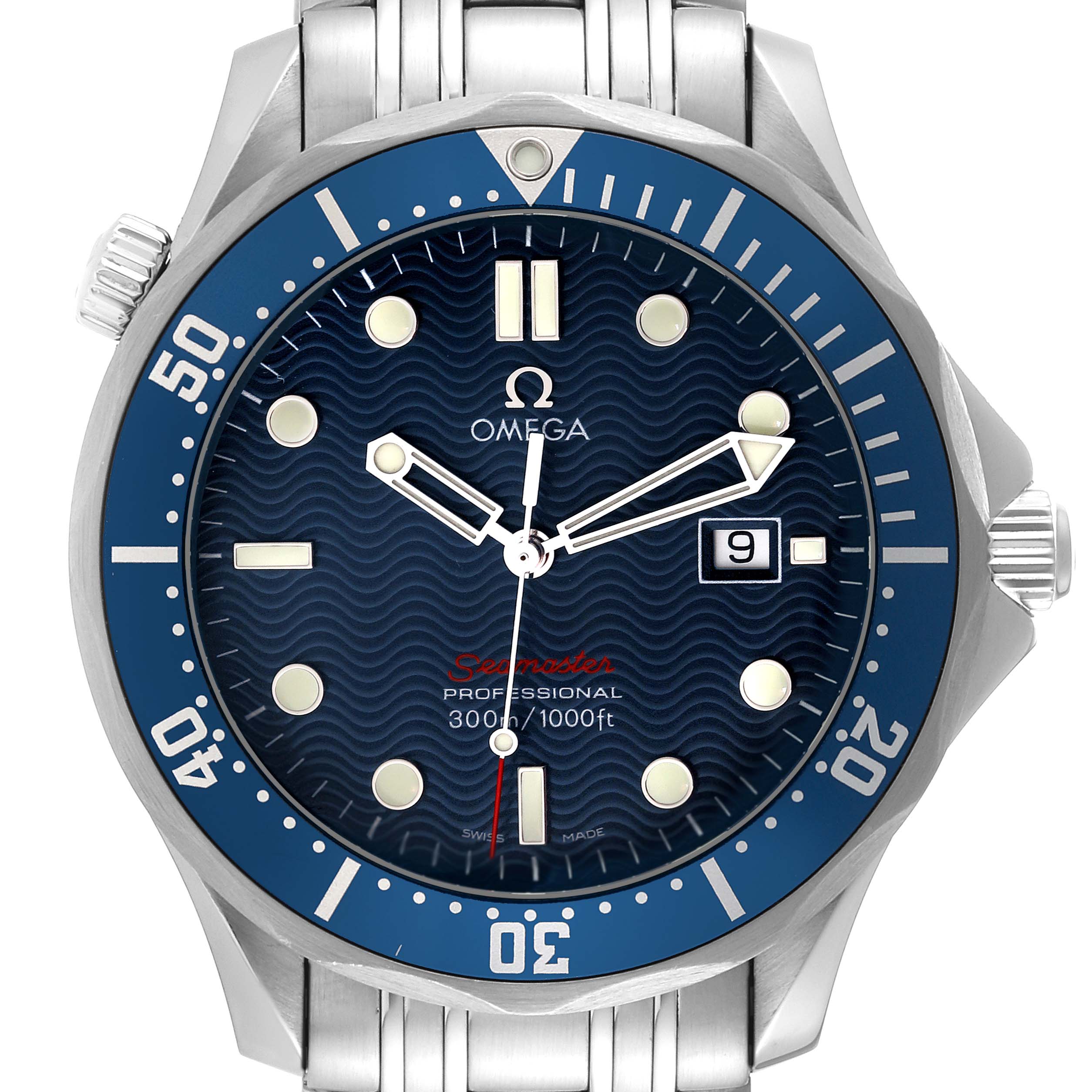 The image shows a front view of an Omega Seamaster 2221.80.00 Men's Stainless Steel Blue Dial 2221.80.00 Men's Stainless Steel Blue Dial watch, highlighting its blue dial, bezel, and stainless steel case and bracelet.